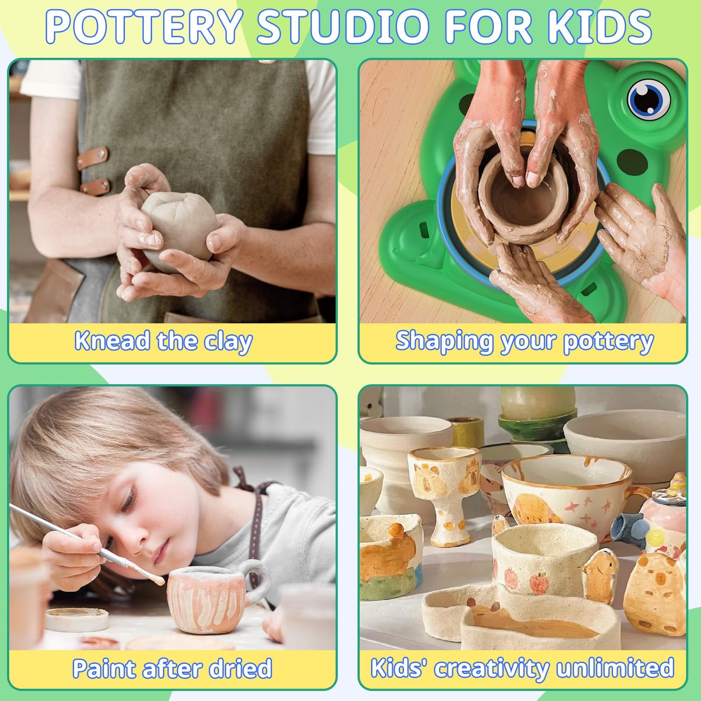 Aujazyble Pottery Wheel for Kids - Complete Pottery Painting Kit Arts and Crafts for Kids Ages 8-12 with 3 Pack Air Dry Clay Art Supplies Toys
