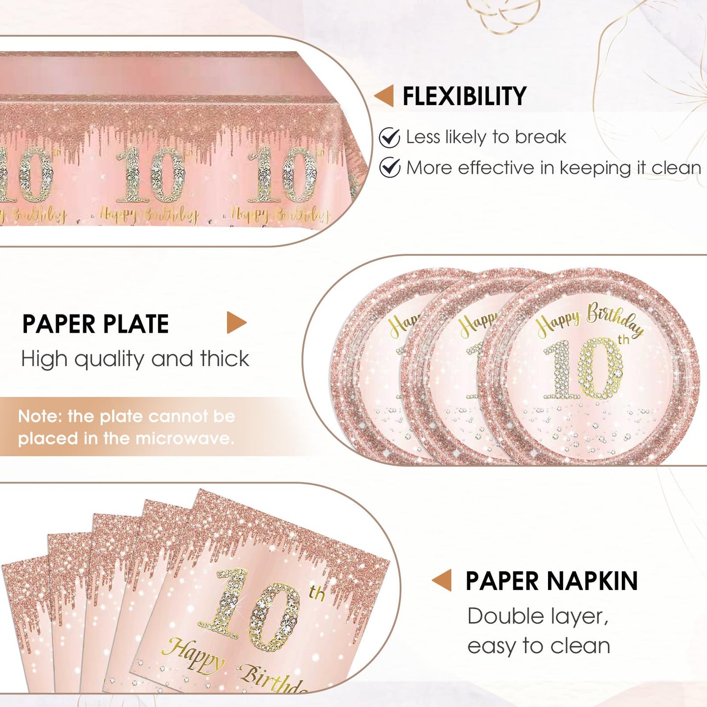 41 Pcs 10th Birthday Decorations for Girl,Rose Gold Happy 10 Years Old Ten Birthday Party Tableware Set 10th Birthday Party Plates