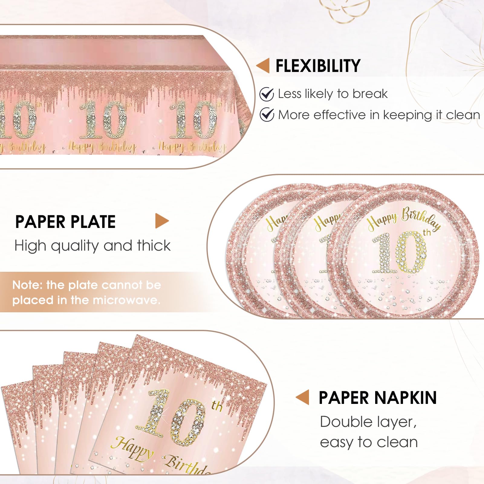 41 Pcs 10th Birthday Decorations for Girl,Rose Gold Happy 10 Years Old Ten Birthday Party Tableware Set 10th Birthday Party Plates