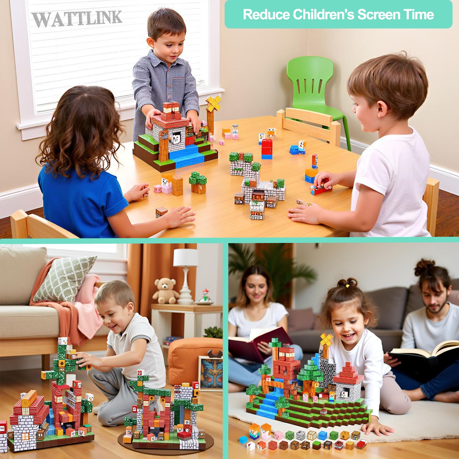 Wattlink Magnetic Building Blocks Set, 150 Pieces Educational Construction Cubes with Magnets, 3D Building Toys for Ages 3+, Compatible with Multiple