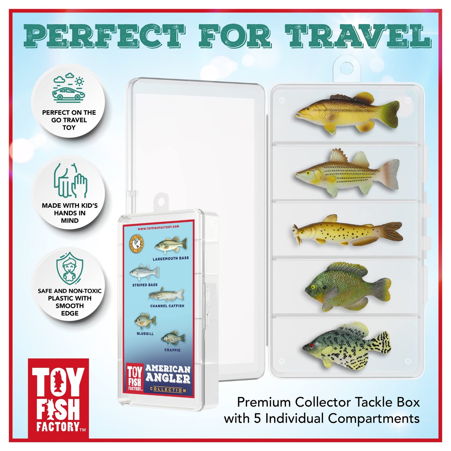 Toy Fish Factory American Angler Collection Toy Fish Set, Toy Fish Figurines, Largemouth Bass Catfish Bluegill Crappie Striper, Educational Toy, Fish