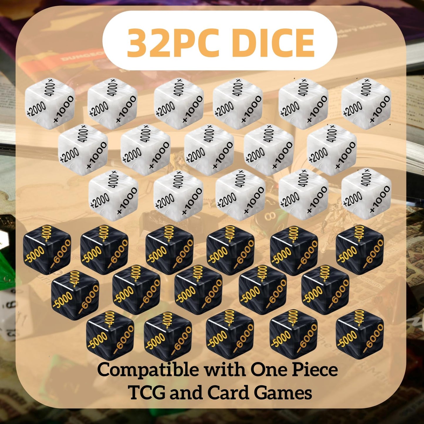 32 PCS Power Counter Dice Set, 16 Positive (+1000-+6000) & 16 Negative (-1000-6000), Premium Black & White Marble Finish, Compatible with One Piece