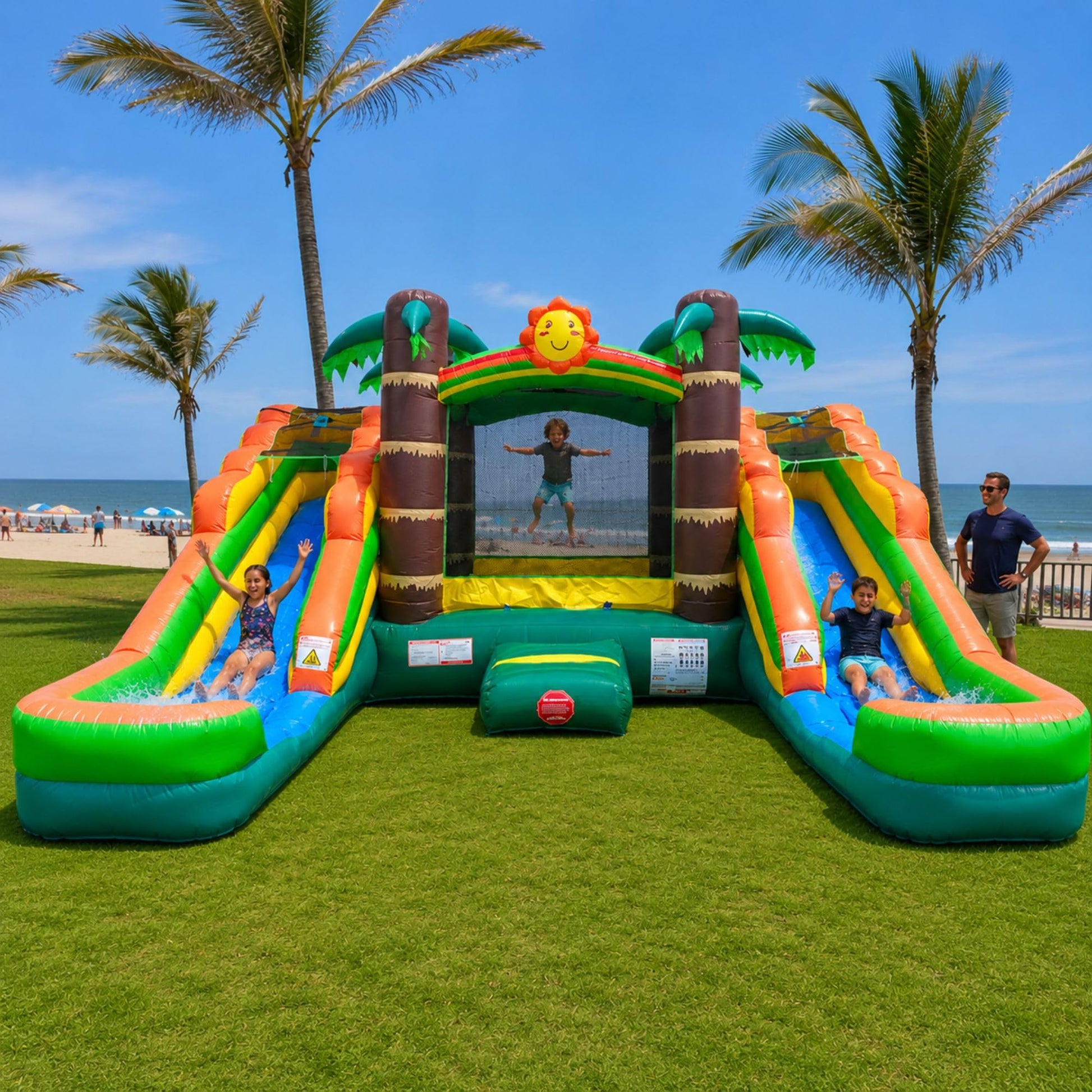 Pogo Bounce House Inflatable Jump Castle Dual Water Slide, Pools, Tropical