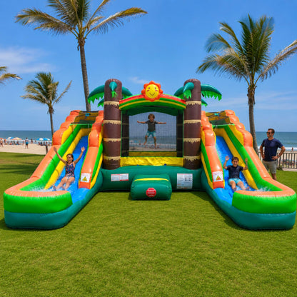 Pogo Bounce House Crossover Double Water Slide Combo, No Blower, Tropical