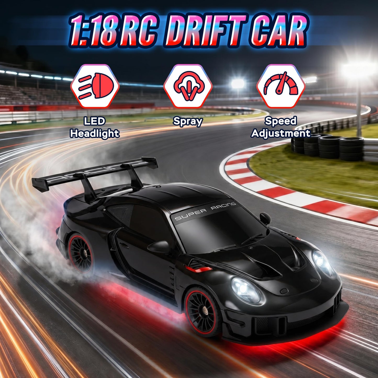 RC Drift Car with LED Headlights, Spray Mist & Underbody Lights, 2.4GHz Remote Control Car, High Speed RC Car with Extra Drift Tires, RC Cars