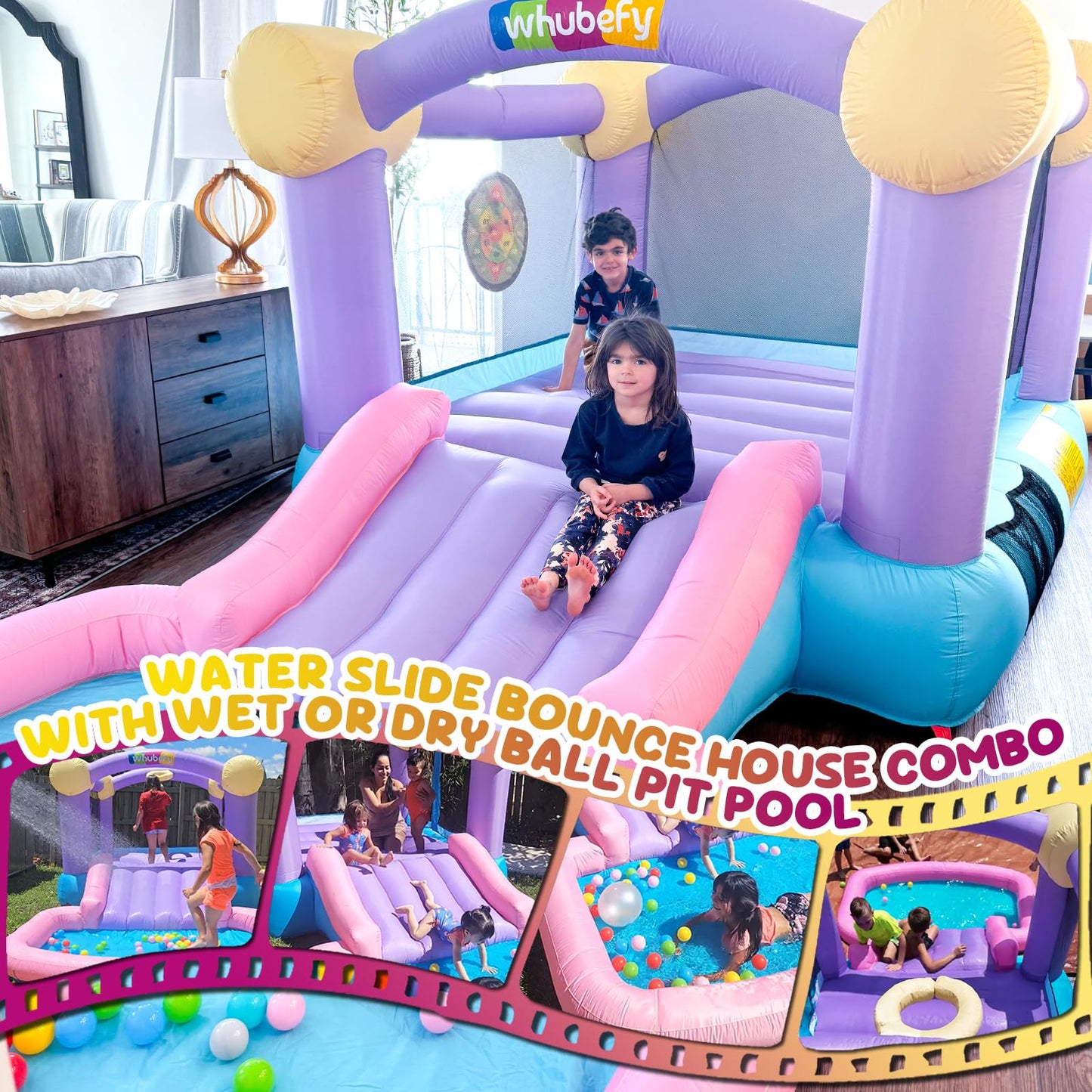 Inflatable Bounce House for Kids 3-6 with Water Slide Ball Pit Pool & 50 Ocean Balls, 5 in 1 Bouncy Castle w/ 6 Sticky Ball Dart Board Game
