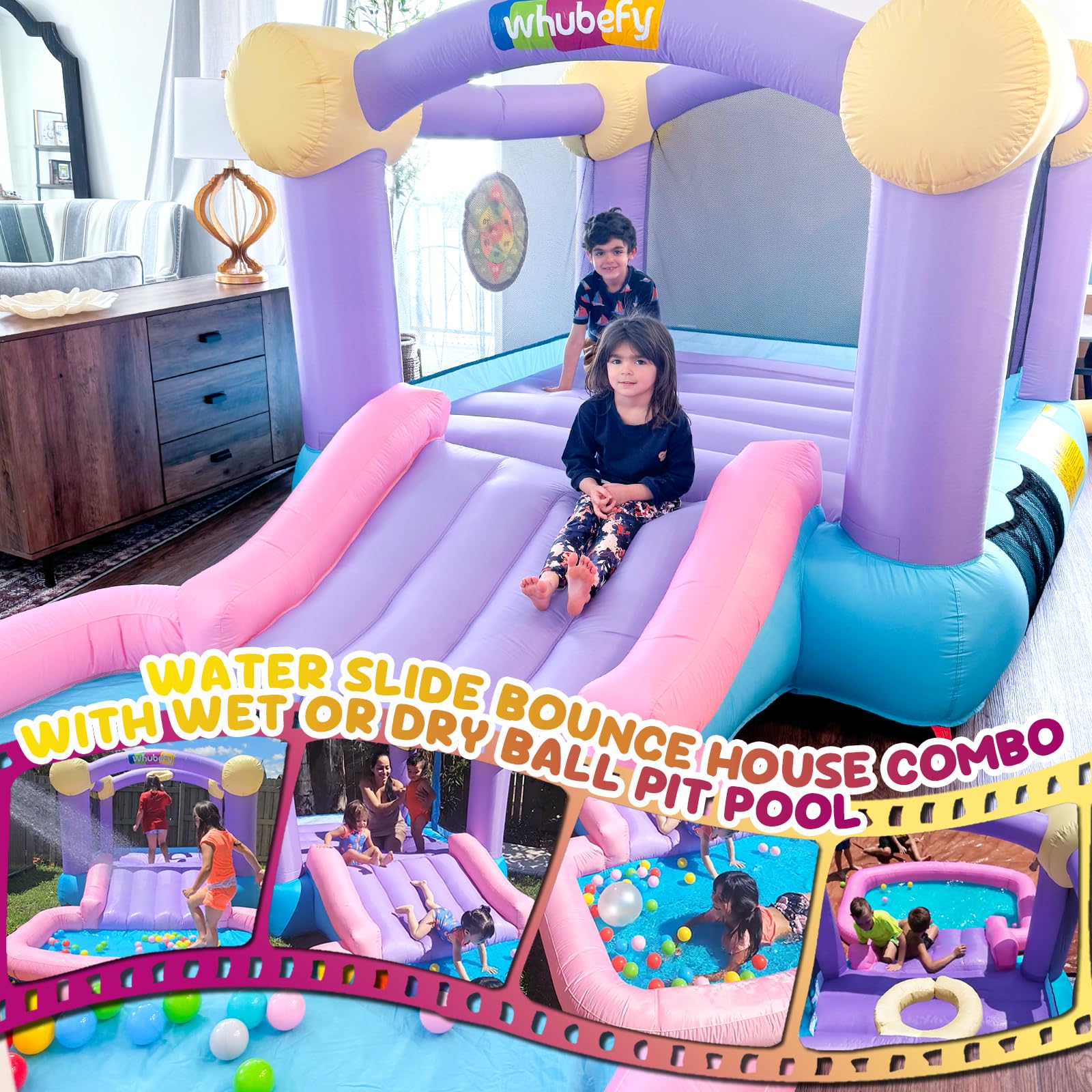 Inflatable Bounce House for Kids 3-6 with Water Slide Ball Pit Pool & 50 Ocean Balls, 5 in 1 Bouncy Castle w/ 6 Sticky Ball Dart Board Game