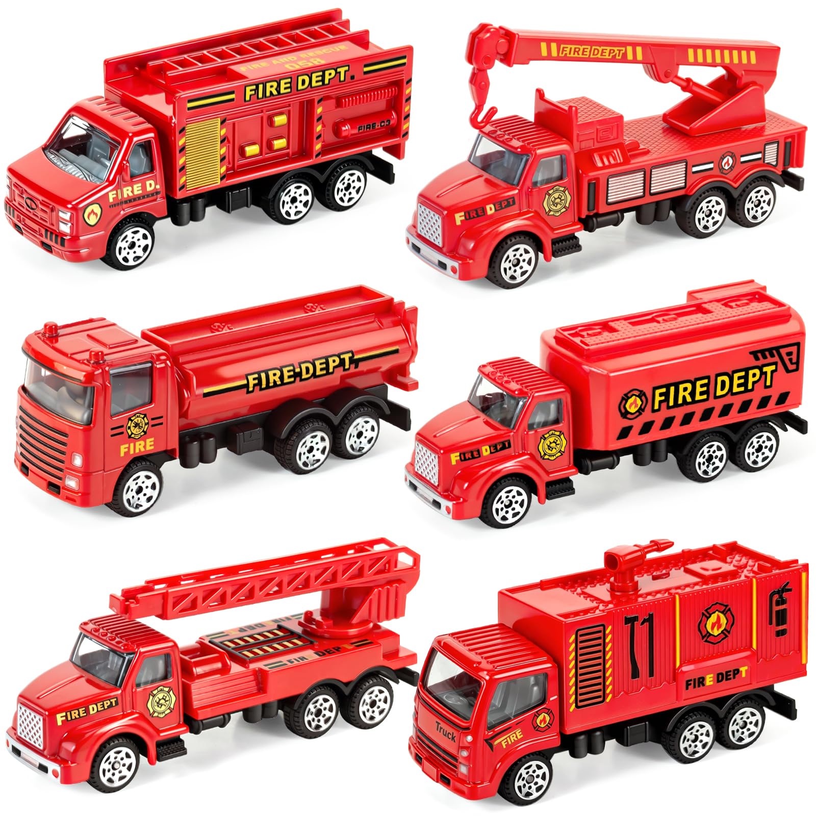 QUANA 6 Pack Fire Truck Playset, Alloy Mini Firetruck Toys for Toddlers 3-5