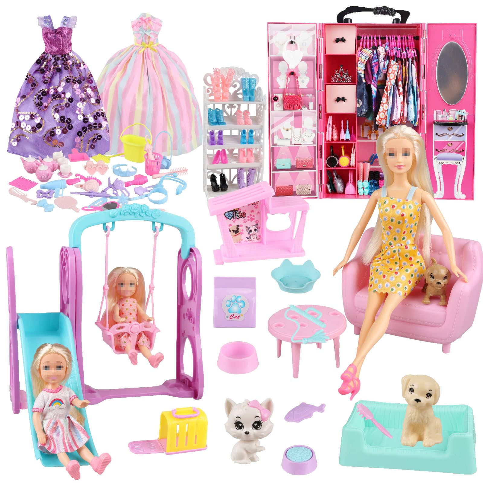ZHENYETAI 174 Piece Doll Wardrobe&Toy Folding Wardrobe - Includes Folding Wardrobe+Swing Slide+Dog and Cat Pet House with Rich Accessories for Easy