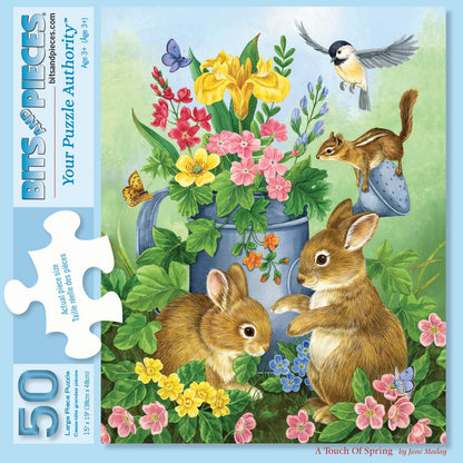 Bits and Pieces 50 Piece Puzzles for Adults, A Touch of Spring - 50 Extra Large Pieces 15" x 19" Jigsaw Puzzles - Bunnies Rabbits Easter - Random Die