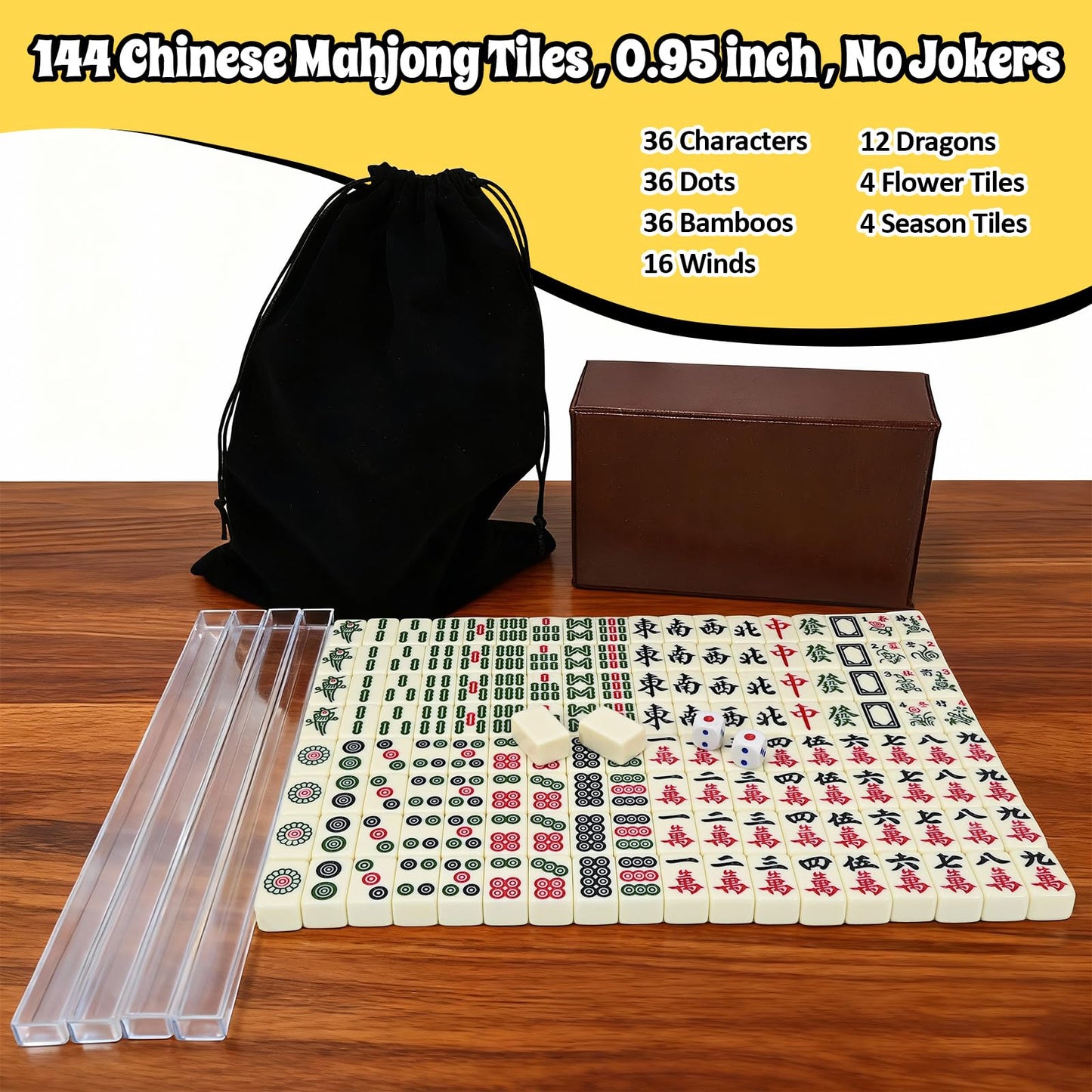 Xelbreelark Portable Mini Mahjong Set with Storage Case,144 Chinese Tiles,2 Game Dice and 4-in-1 Rack for Travel,no Joker Tiles,Camping,Family