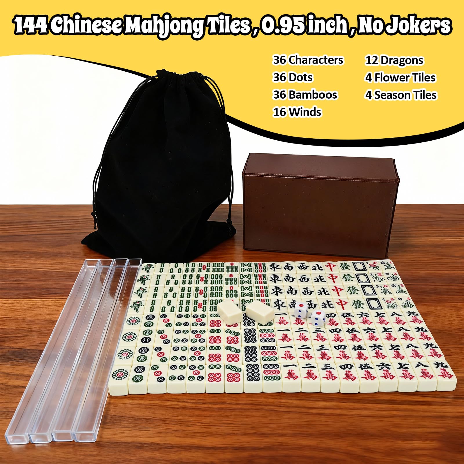 Xelbreelark Portable Mini Mahjong Set with Storage Case,144 Chinese Tiles,2 Game Dice and 4-in-1 Rack for Travel,no Joker Tiles,Camping,Family