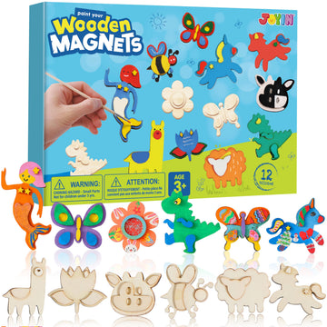 JOYIN 12 Wooden Magnet Creativity Arts & Crafts Painting Kit for Kids, Decorate Your Own Painting Gift for Easter Basket Stuffers, Birthday Parties