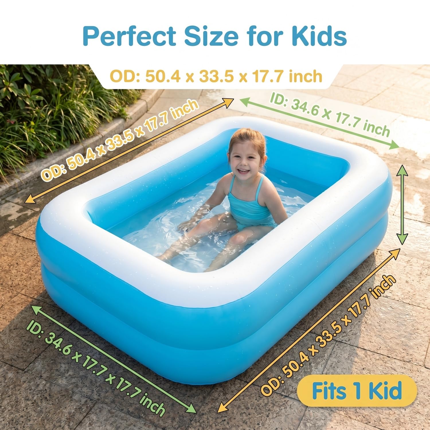 Inflatable Kiddie Pool, 128x85x45cm (50x33x18in) ,Thickened PVC Kids Blow Up Swimming Pool for Babies Toddlers, Wading Pool Indoor Outdoor Garden