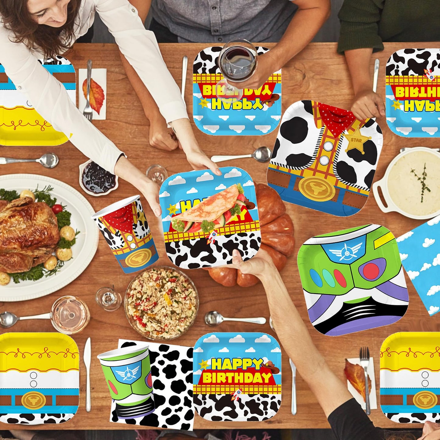 WPDISCZ Cartoon Toy Theme Party Supplies Toy Disposable Tableware Set Include Paper Plates Napkins Cups Banner Tablecloths for Toy Birthday Party