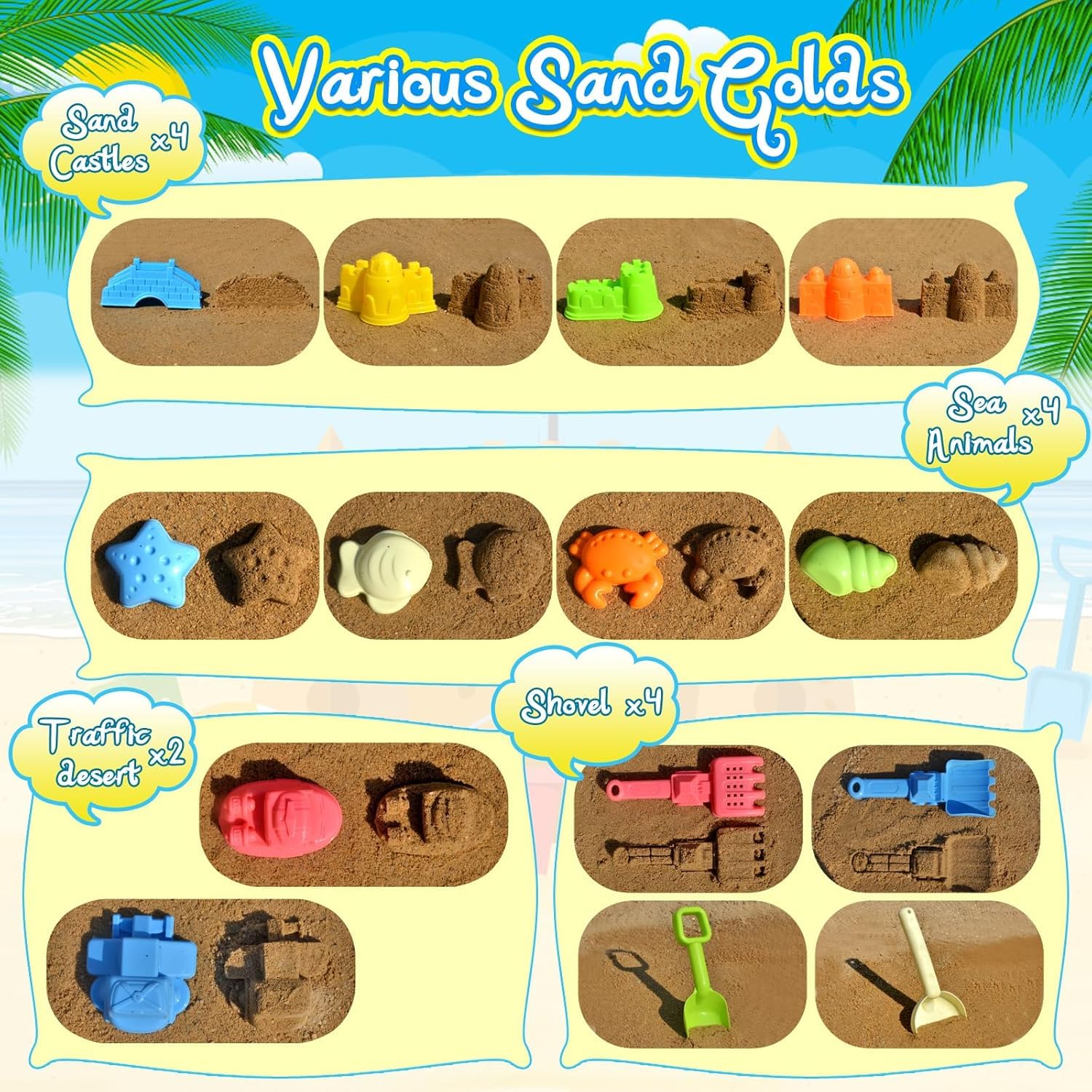 DGFCK Collapsible Beach Sand Toys for Kids Toddlers,Travel Beach Toys with 3 Collapsible Sand Buckets,Shovels,Mesh Bags,Sand Molds,Castle Toys