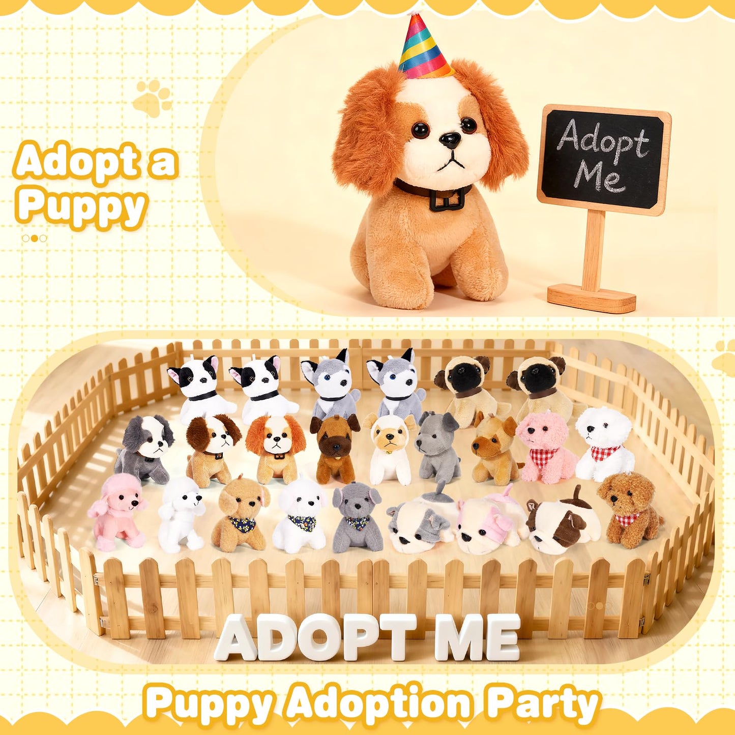 Niceup 24PCS Adopt a Puppy Party Favors Kids Mini Plush Dog Non-candy Easter Basket Stuffers Bulk Stuffed Animals Dog Paw Adoption Pet Doll Toys
