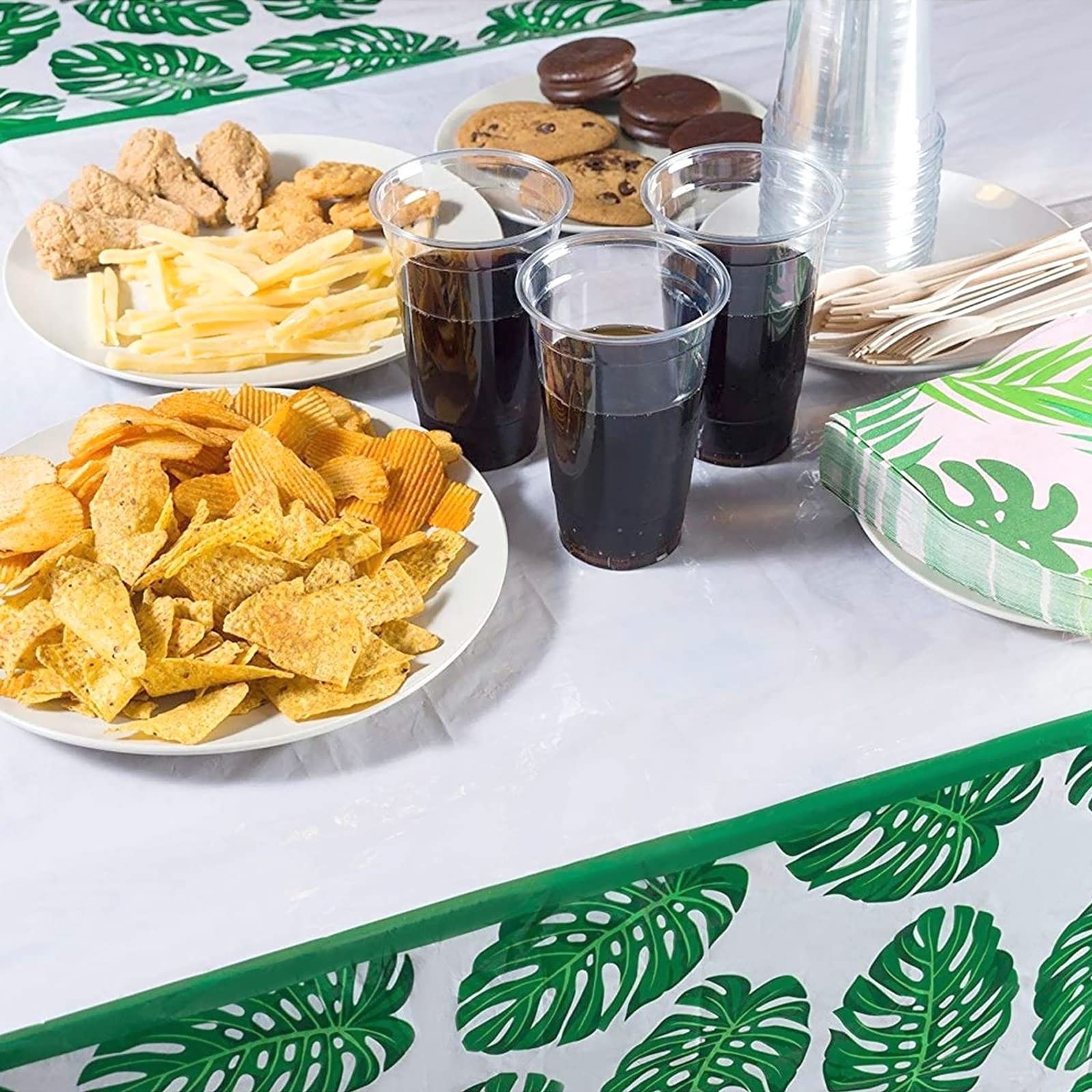 Blue Panda Tropical Leaves Tablecloths - 3 Pack, 54 x 108 in, Green/White Plastic - Baby Shower Tablecloth for Luau Party Decoration & Safari