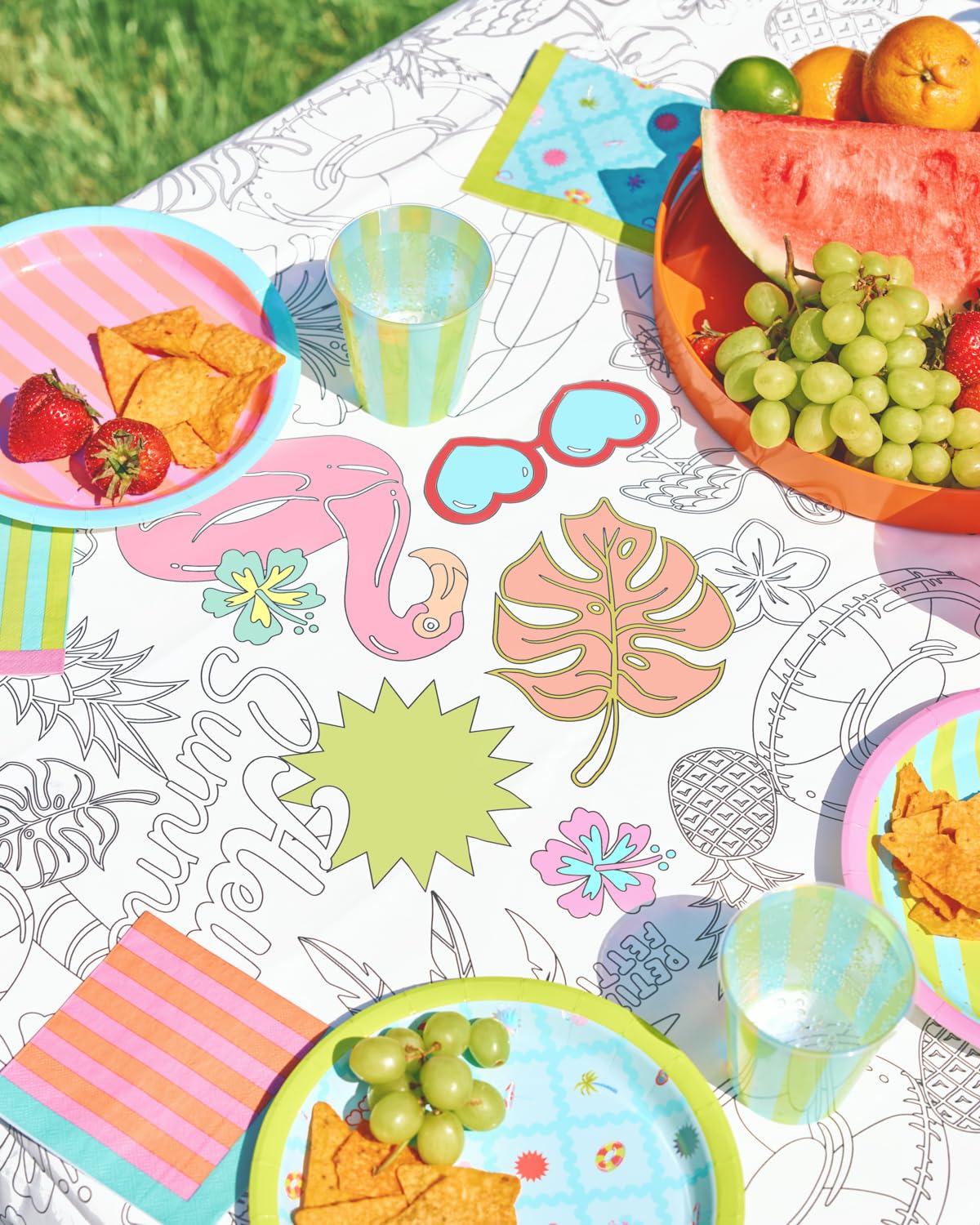 xo, Fetti Pool Party Paper Coloring Tablecloth - 9' x 4.5' | Summer Tablescape, Palm Tree Dinner Party Setting, Kids Birthday Decoration, Cute