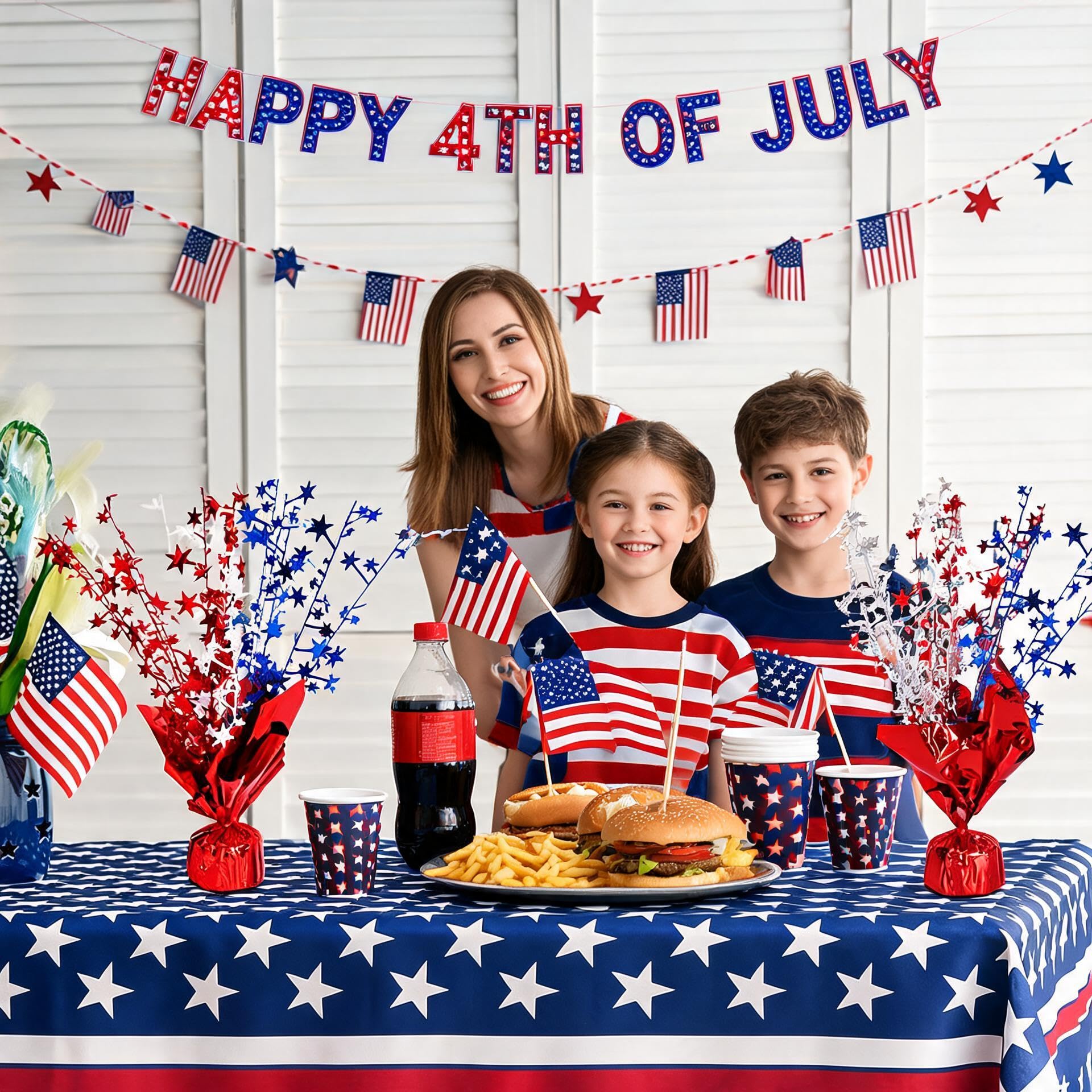 6 Pack 4th of July Table Centerpiece Decoration, Metallic Foil Spray Star Burst Patriotic Decor for 250th Anniversary Independence Day, Holiday