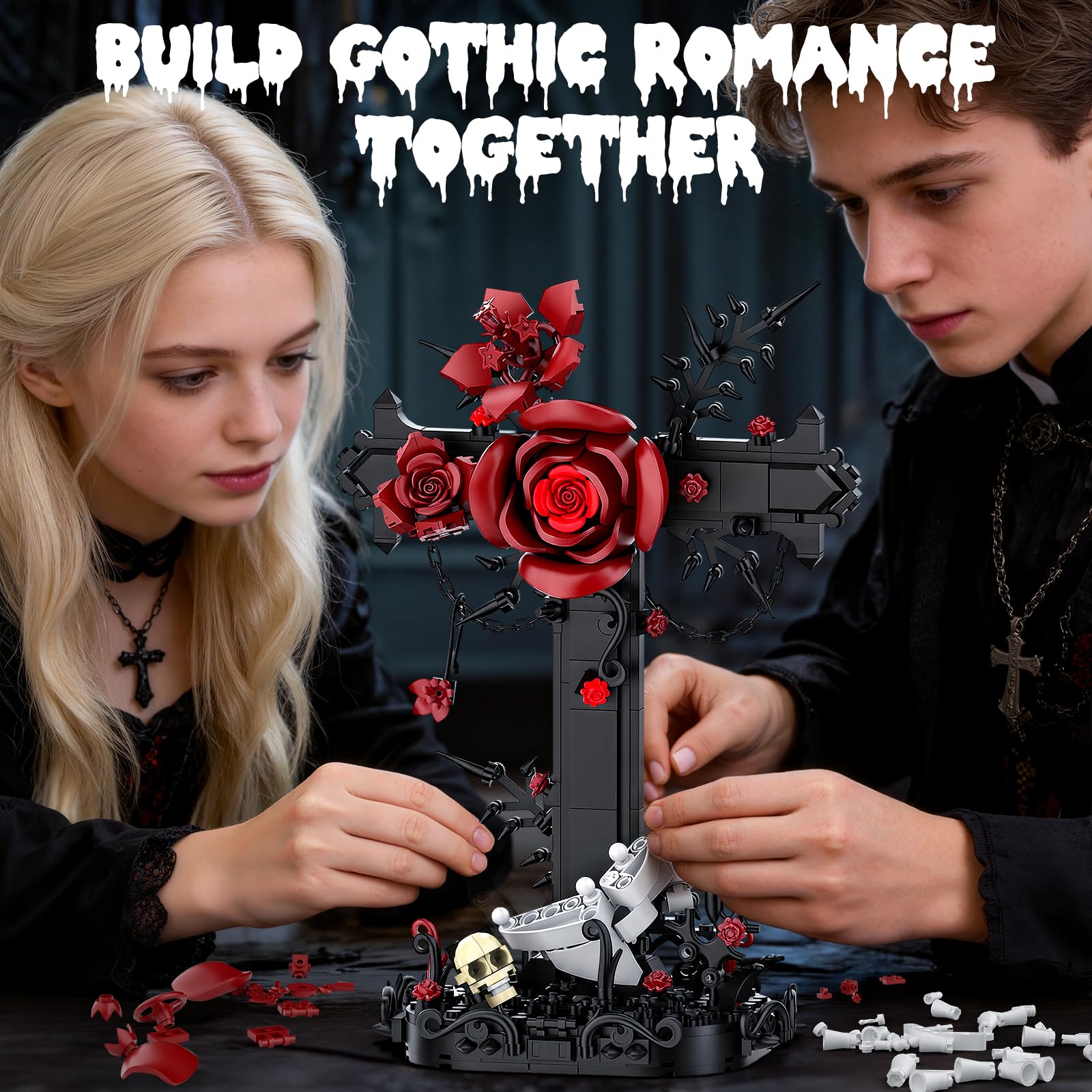Tenhorses Gothic Rose Cross Building Set for Adults, Skull Hand Flower Crucifix Model Toys, Skeleton Horror Home Decor, Ideal Halloween Christmas