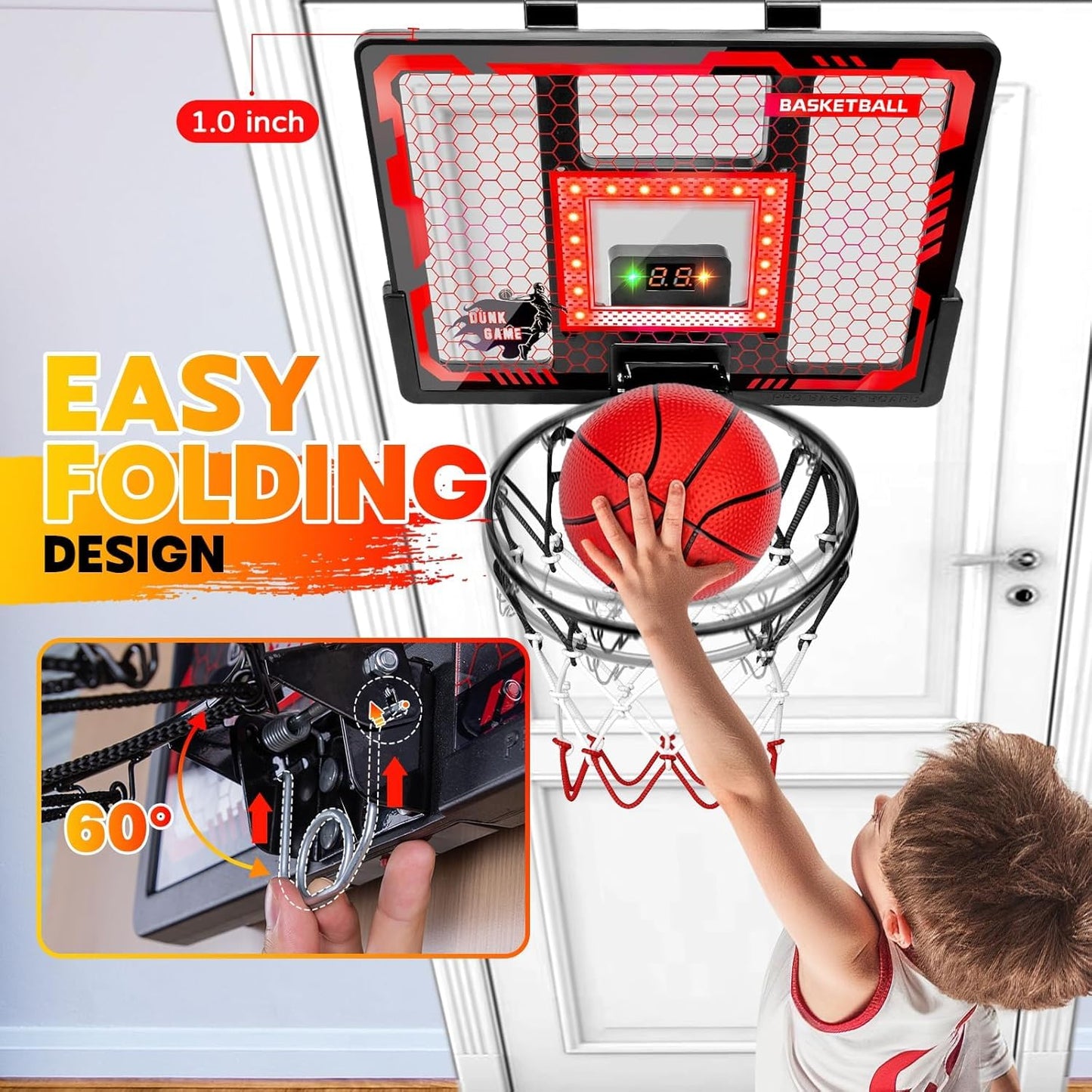 Indoor Basketball Hoop Pro for Kids, Over The Door Basketball Hoop with LED Light/Scoreboard/4 Balls- Upgraded Anti-Impact Backboard, Basketball Toys