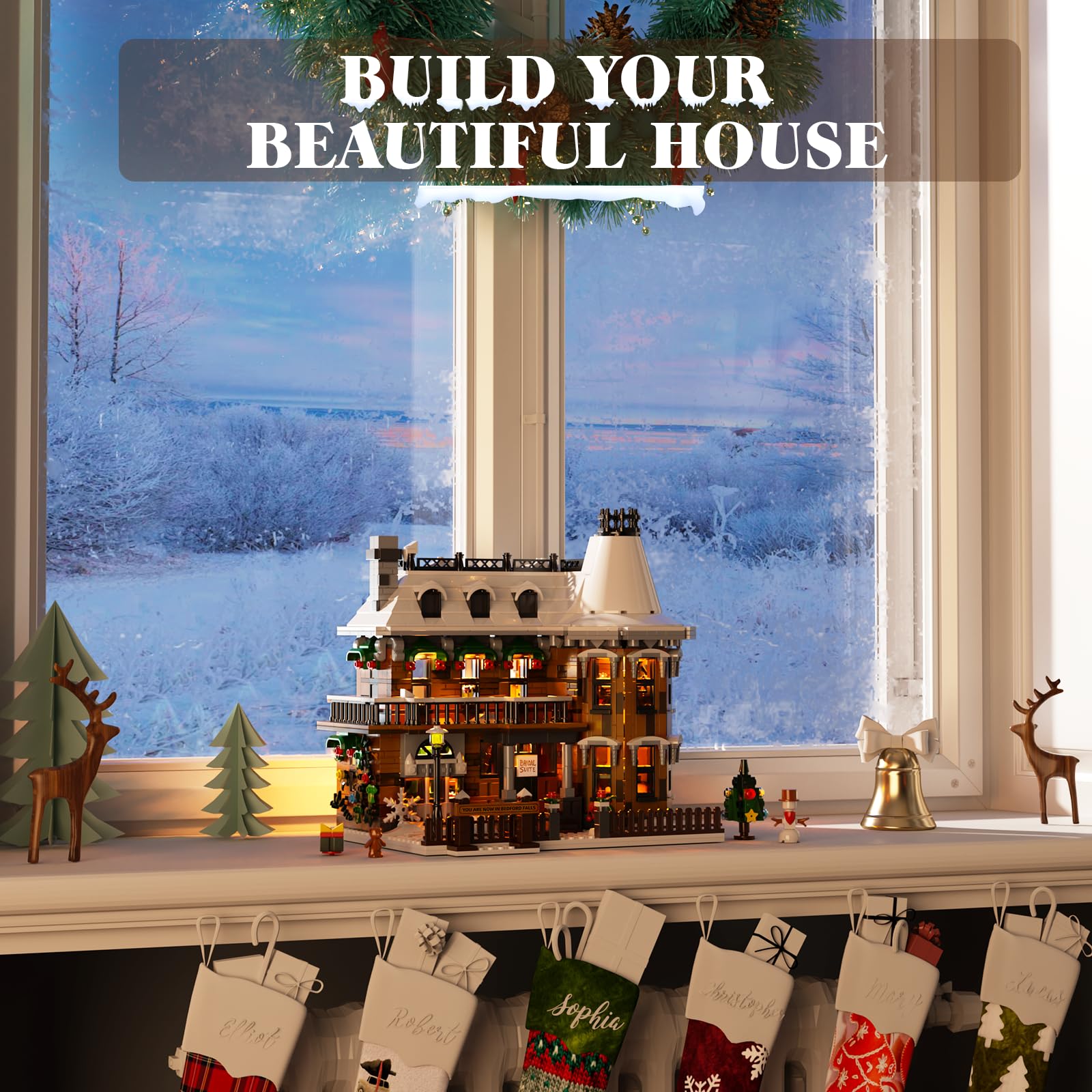 It's A Wonderful Life House Building Set with LED Light, Christmas Holiday Snow House Building Blocks Toy, Compatible with Lego Chritmas Village