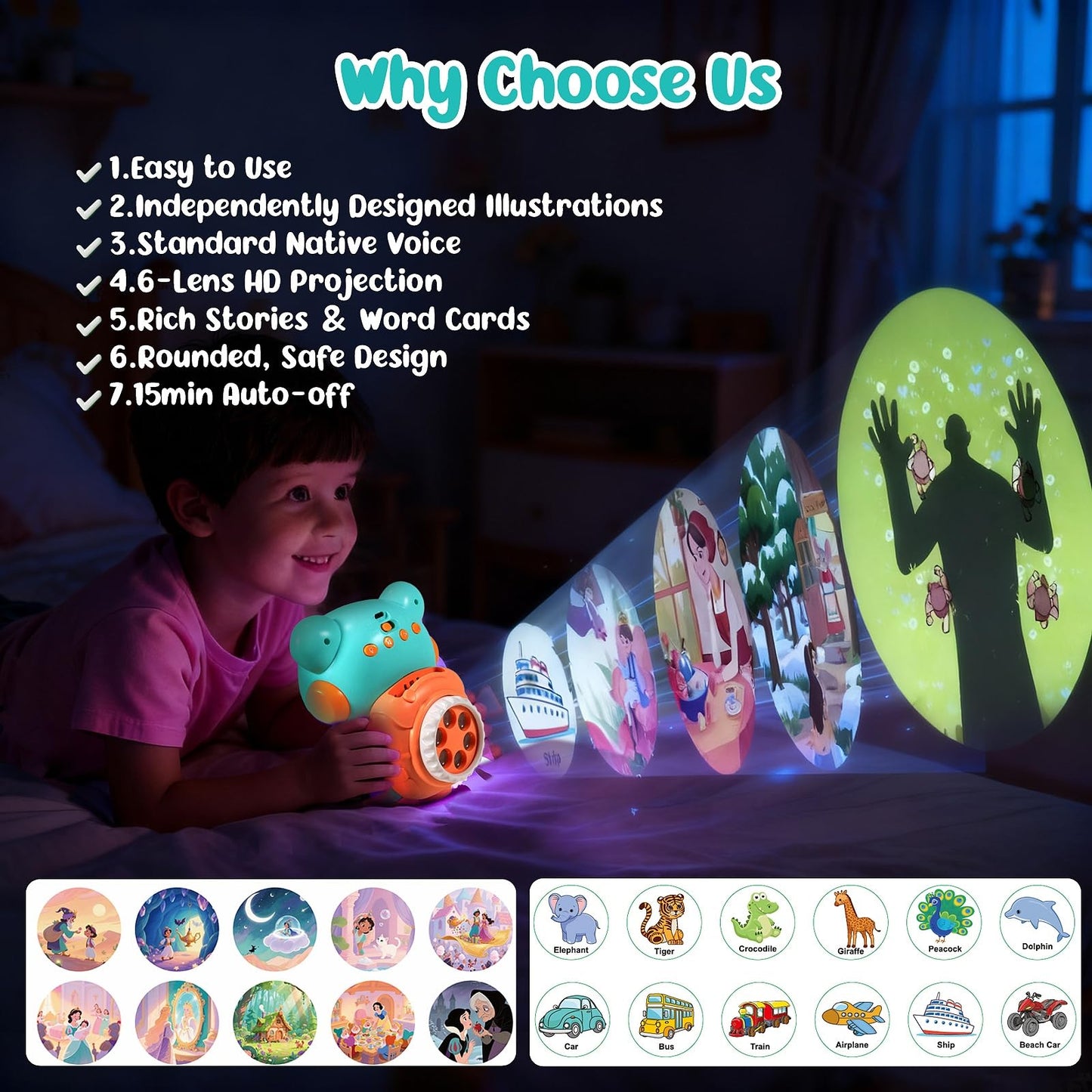 Little Bear Story Dream Projector, Interactive Play & Early Learning Toys for Kids, Includes 11 Fairy Tale Stories & 9 Word Cards, Night Light, Fun
