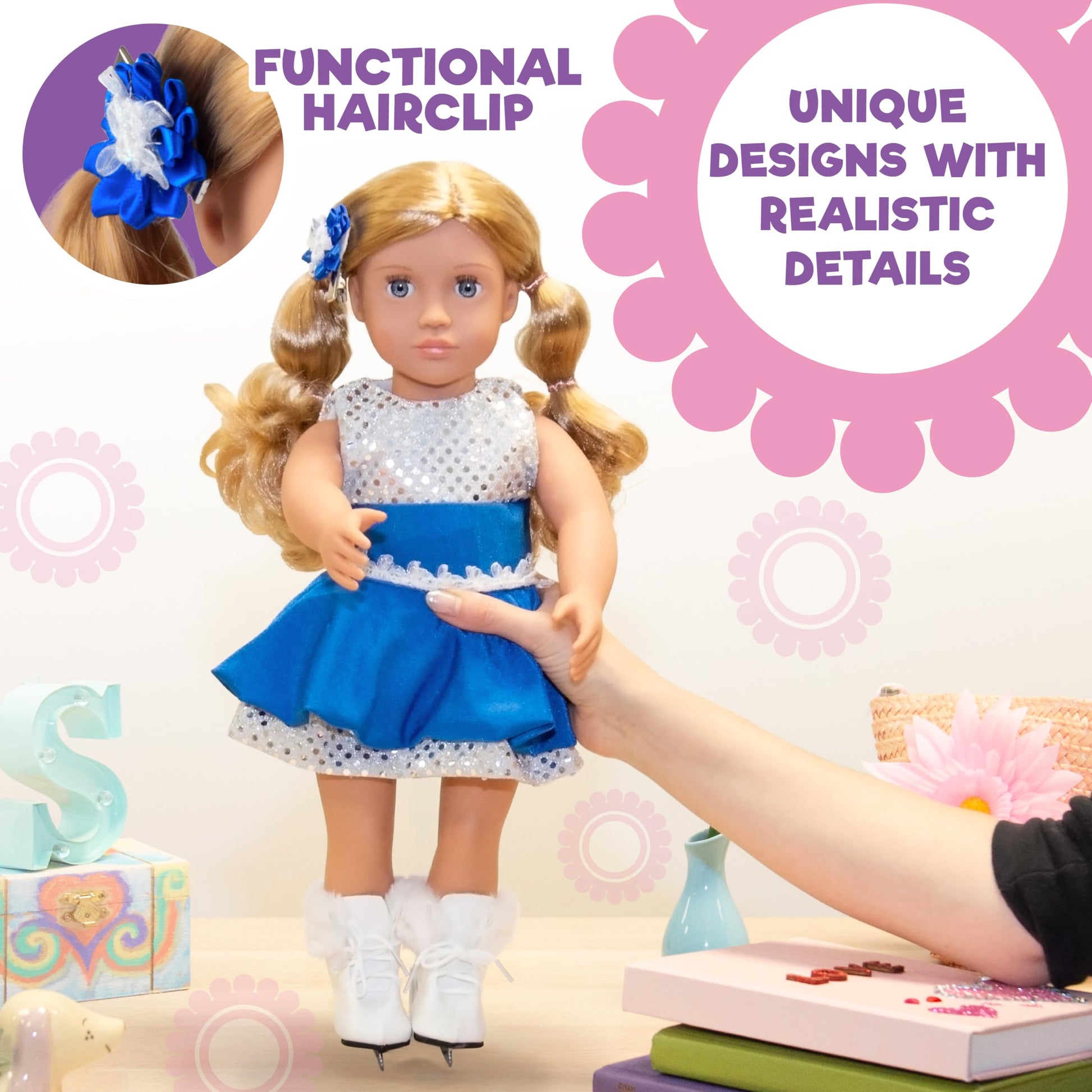 Ice Skating Doll Outfit for 18-Inch Dolls - 4-Piece Sparkle Winter Dress Set -Fits American Girl and Our Generation- Includes Sequin Skating Dress