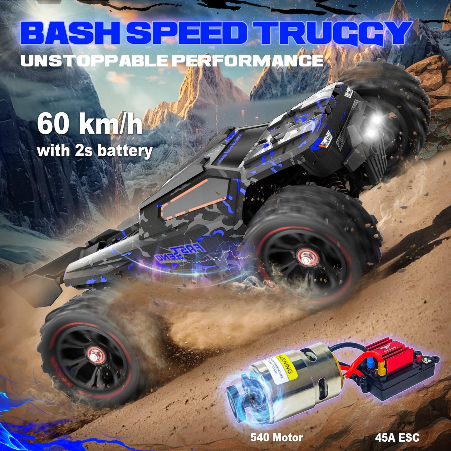 1:14 Scale RC Cars for Adults, 60KPH High Speed RC Truggy, 4X4 Off-Road Remote Control Truck, Waterproof Electric Car with 2S Battery, All Terrain RC