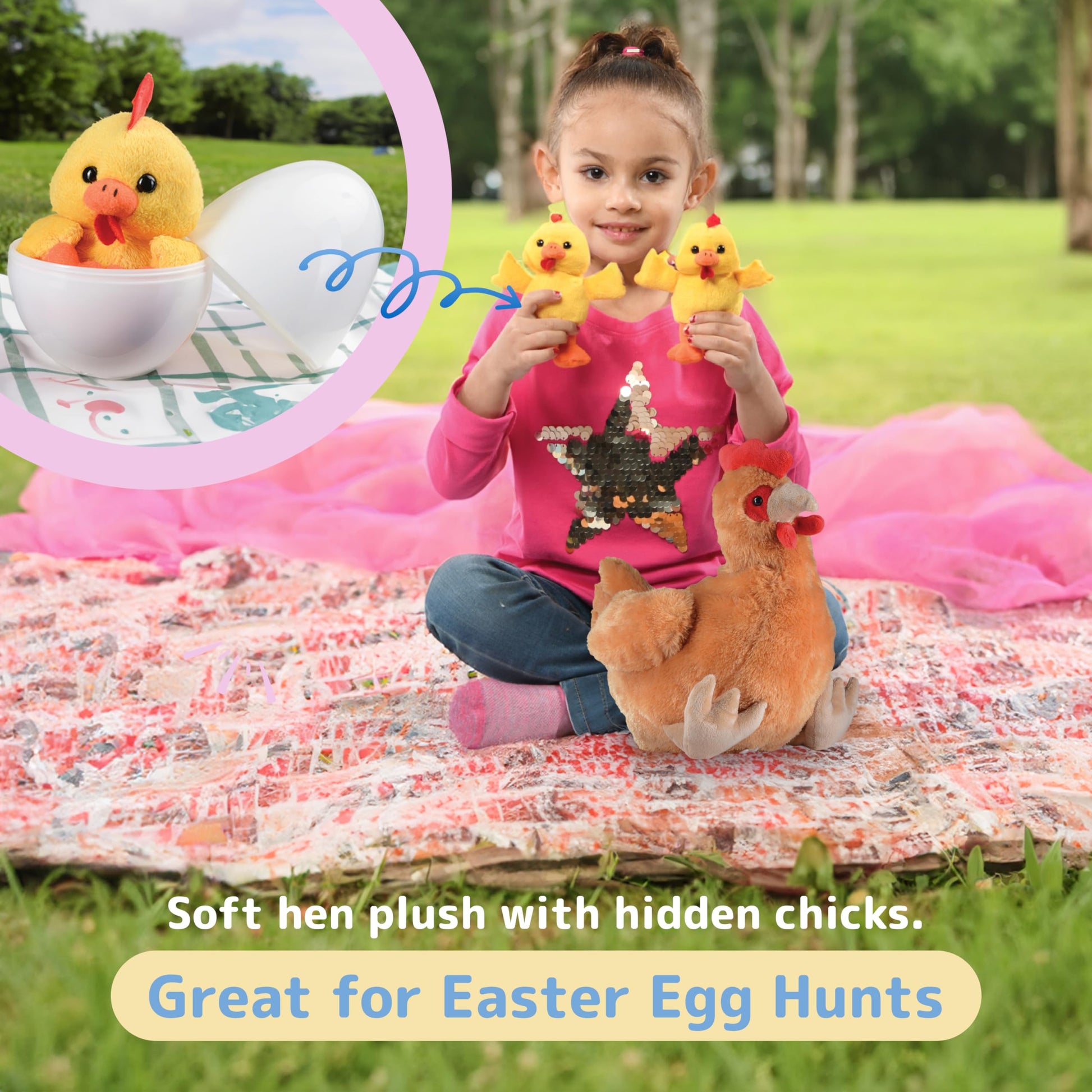 PREXTEX Hen Toy with Two Plastic Easter Eggs and Cute Baby Chicks Inside - Big Mommy Hen Plush with Chicks Zippered in Eggs - Adorable Chicken