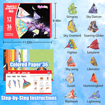 Paper Airplane Kits, Origami Kit for Kids 5-8 8-12, 12 Classic Origami Designs, 36 Sheets of Colorful Origami Paper, Crafts for Kids Activities