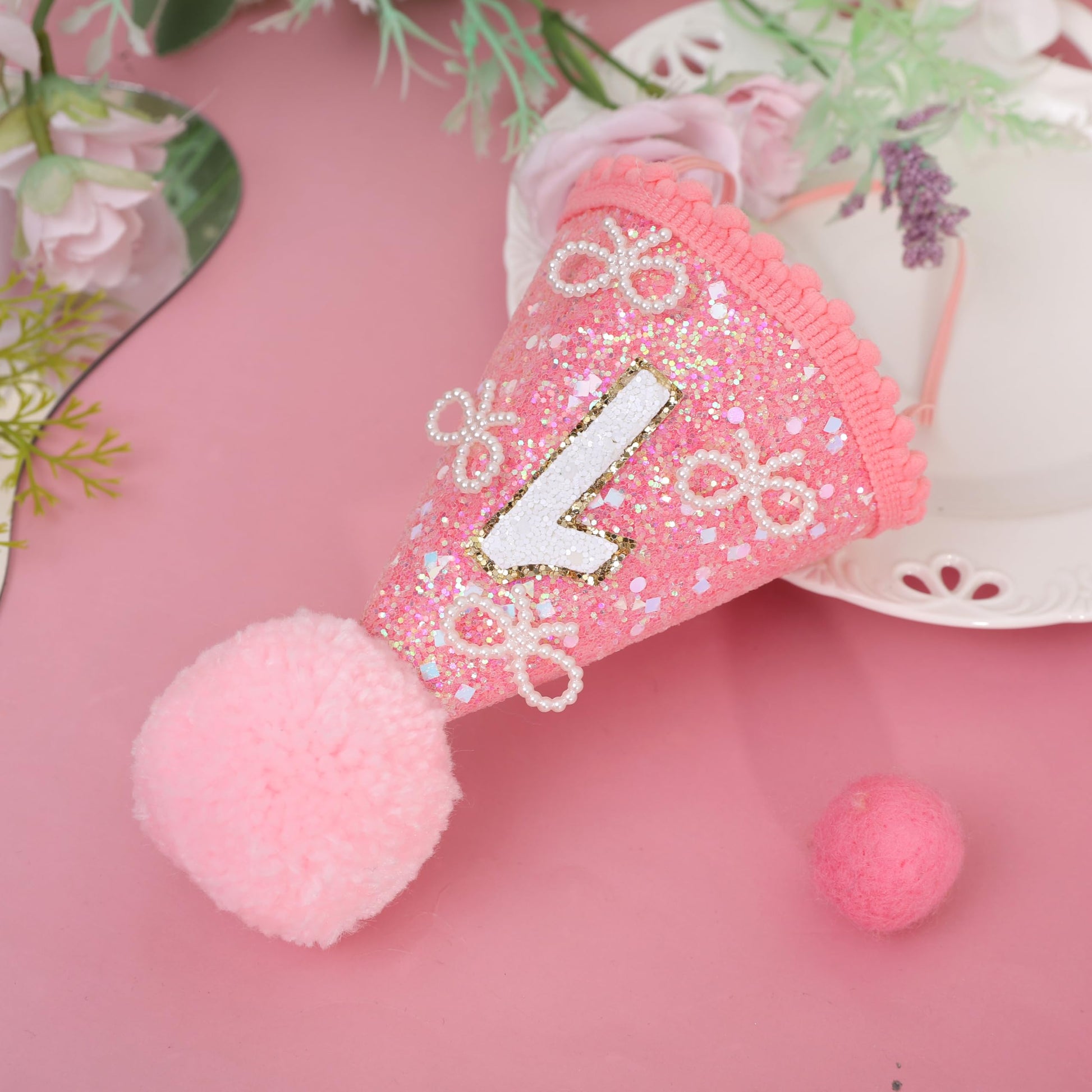MAMUXI Pearl Bow Pink 1st Birthday Hat - Sweet One Birthday Party Decorations, Bling Bling Pink Hat Photo Props, Little Princess First Party
