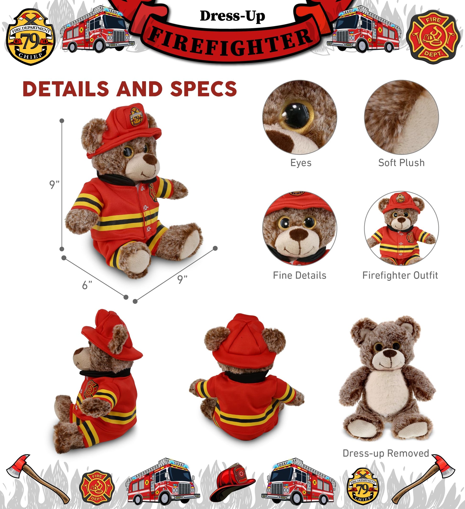 DolliBu Sitting Brown Bear Firefighter Stuffed Animal with Name Personalization - Super Soft Bear with Red Fireman Costume Outfit and Fireman Hat