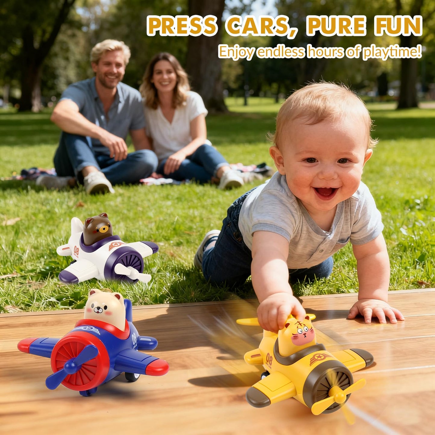 Airplane Toy Cars for Toddlers 1-3 - 4 Pack Press and Go Baby Car Toys, Push Airplanes with Rotating Propellers & Animal Drivers, Safe ABS Friction
