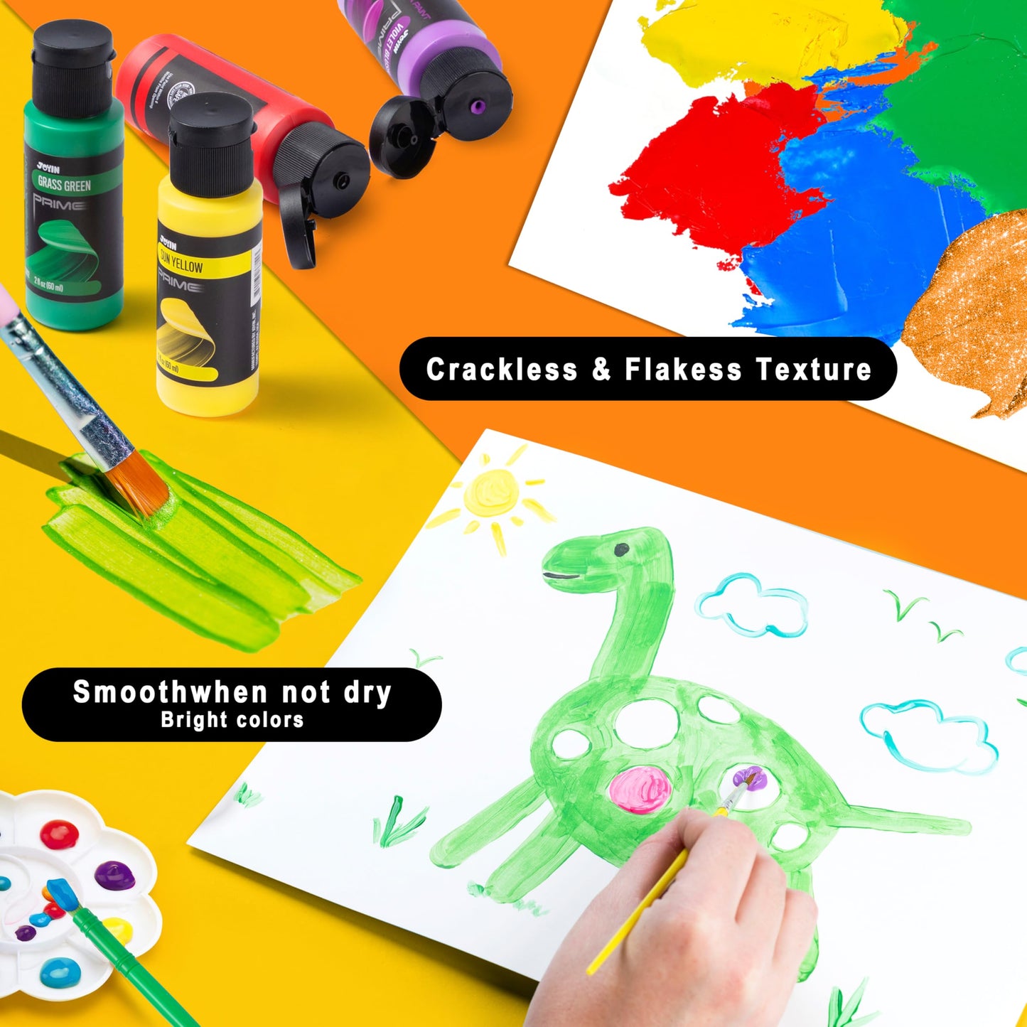 JOYIN Washable Tempera Paint Set for Kids 12PCS, Non Toxic Liquid Paint with 6 Brushes and 2 Palettes - Art Supply for Kids for Arts and Crafts