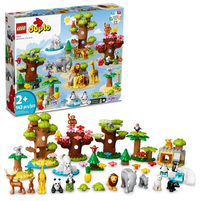 LEGO DUPLO Wild Animals of The World Building Set, Includes Sounds, World Map Playmat, 22 Animal Figures, Educational Gift, Learning Toy for Girls &