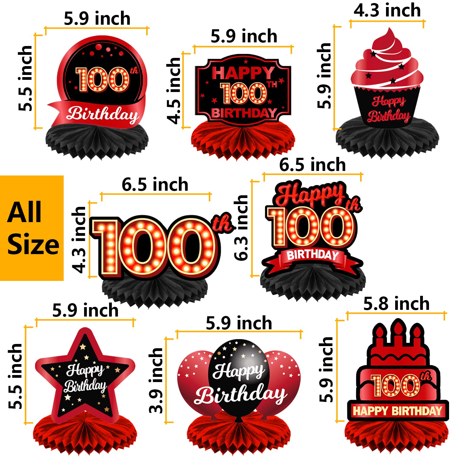 Happy 100th Birthday Red and Black Table Honeycomb Centerpieces Balloons Theme Decor Table Decorations Table Toppers for Girls Women Princess 100