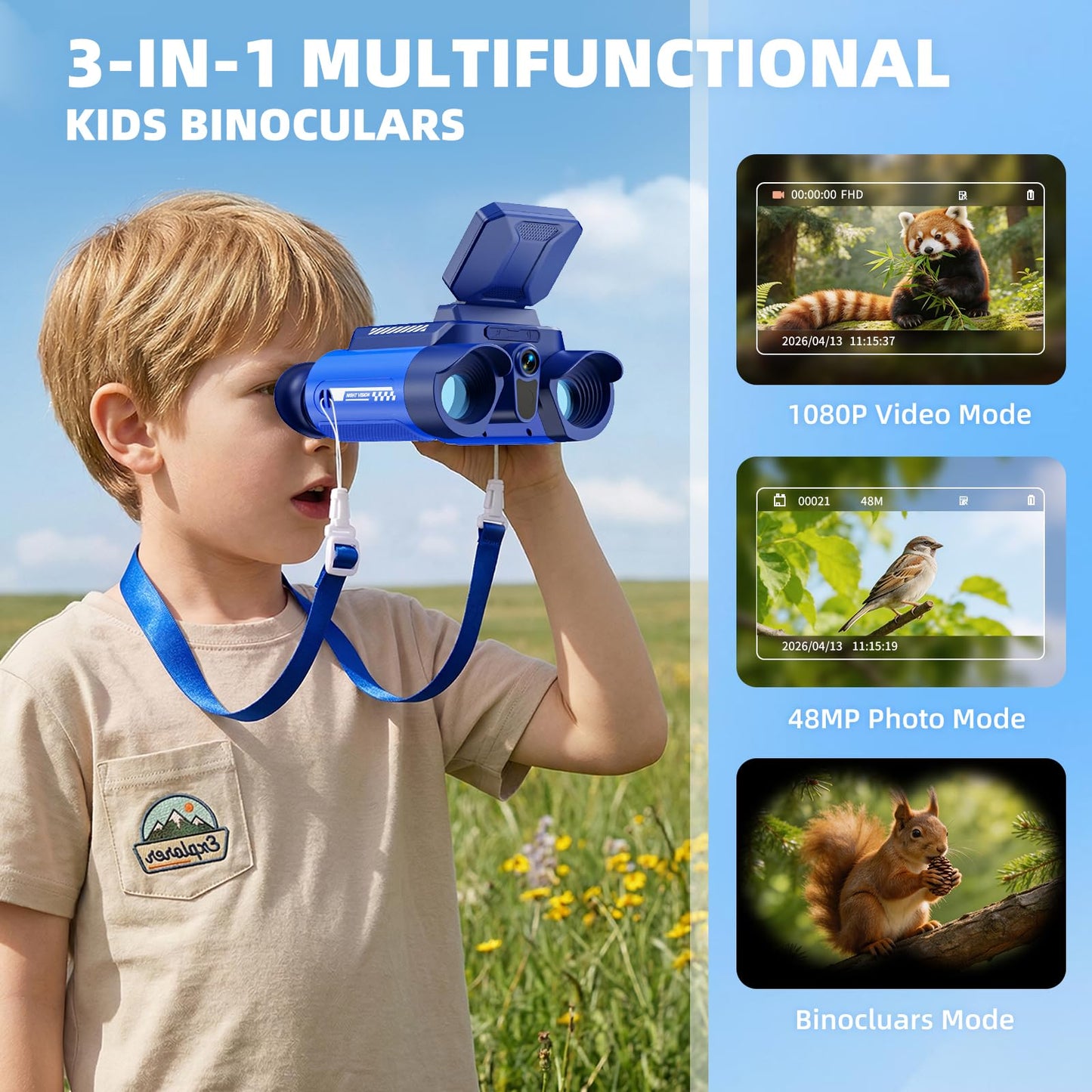 Binoculars for Kids with Night Vision, 2.4" IPS Screen Digital Binoculars with 20 Games & 8GB SD Card, 10X Optical Zoom, Rechargeable STEM Outdoor