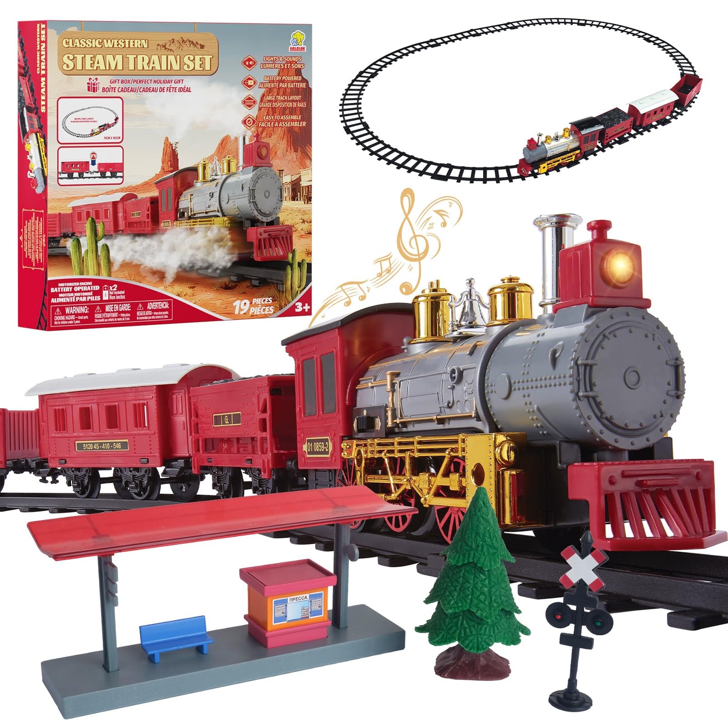 Goldlok Electric Train Set with Light & Sounds, 19 PCS Train Toys for Toddlers 3-5 & Kids 4-8, Locomotive, Passenger Car, 12 Tracks, Indoor Toy