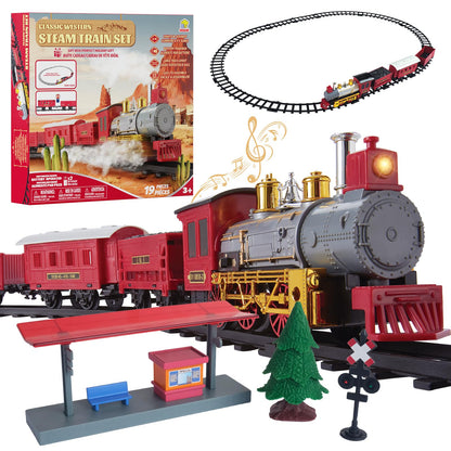 Goldlok Electric Train Set with Light & Sounds, 19 PCS Train Toys for Toddlers 3-5 & Kids 4-8, Locomotive, Passenger Car, 12 Tracks, Indoor Toy