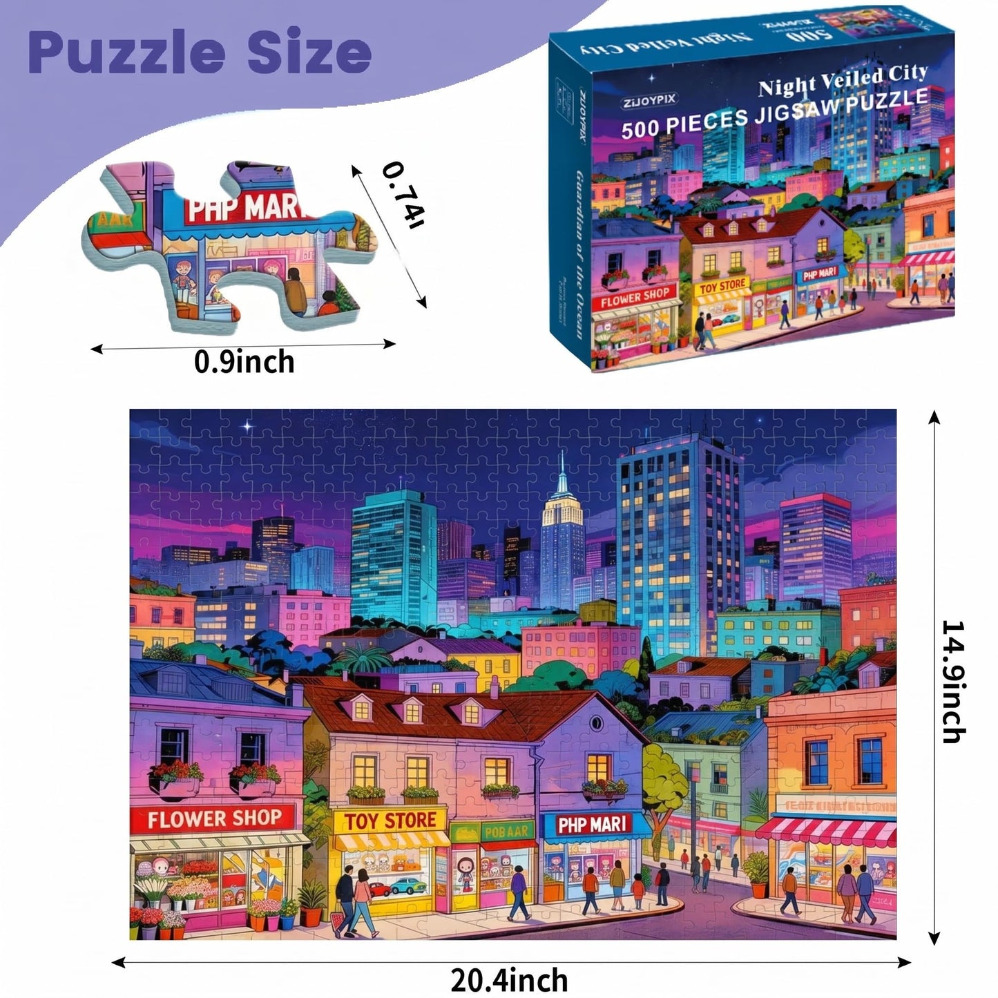 500 Piece Puzzle for Adults, Vibrant Neon Cityscape, Embossed Texture, Premium Matte Finish, Fun and Challenging Jigsaw Puzzles for Great Gift Idea