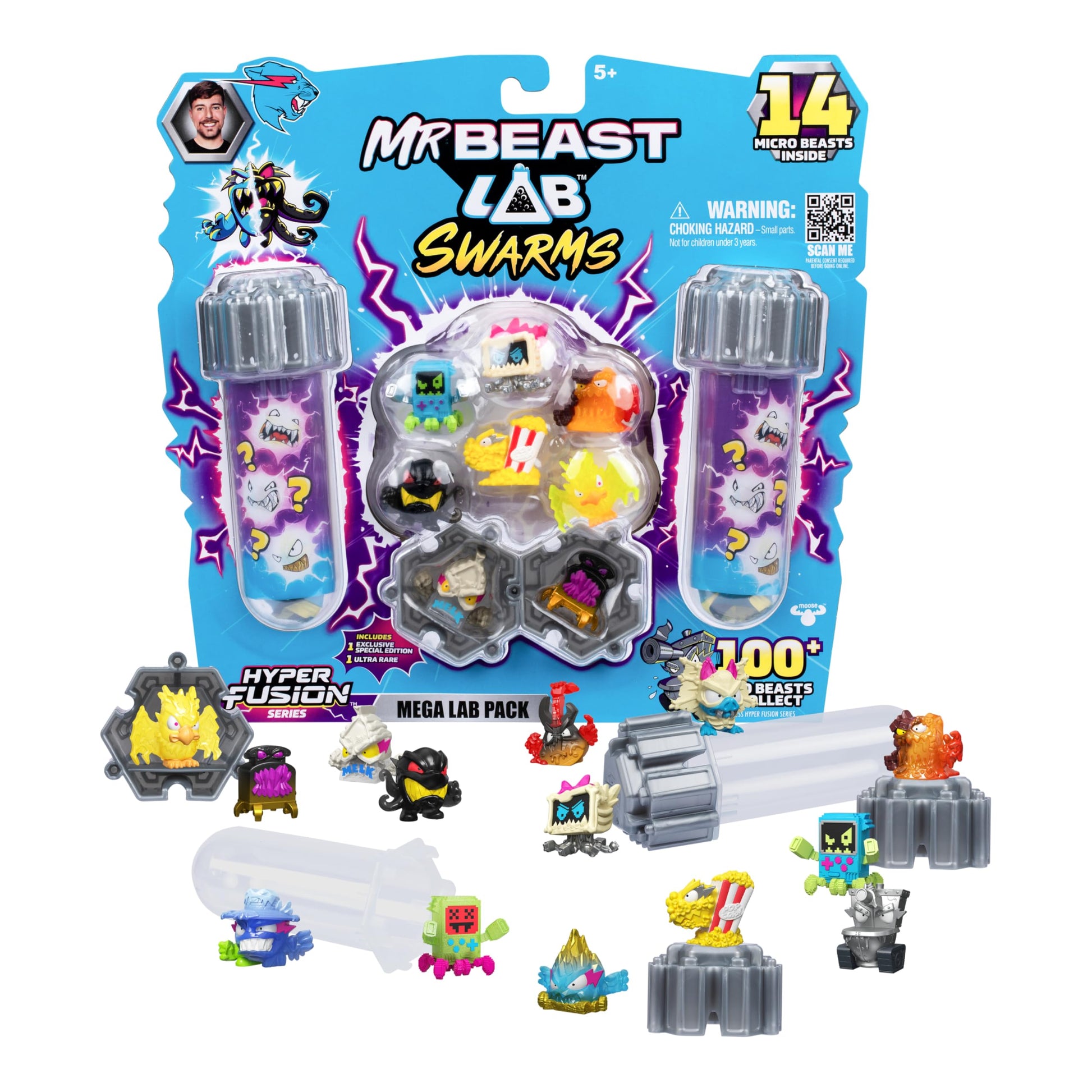 MrBeast Lab Swarms Series 3, Hyper Fusion Series, 14 Pack Collectible Micro Beasts, 14 Collectible Stickers & 4 Fusion Caps to Build Out Your Own