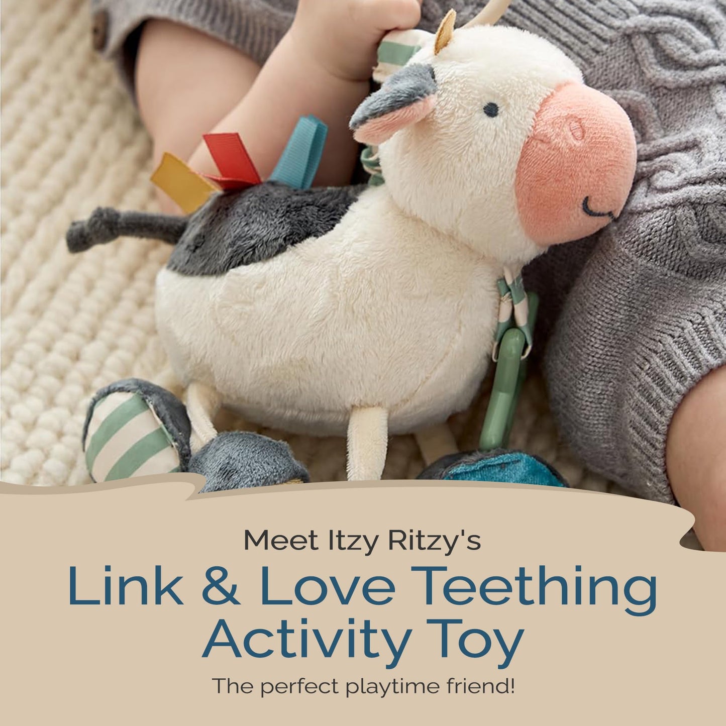 Itzy Ritzy Link & Love Toy for Stroller or Car Seat - Features Textured Ribbons, Crinkle Sounds, Clinking Rings & Silicone Teether - Designed for Ages