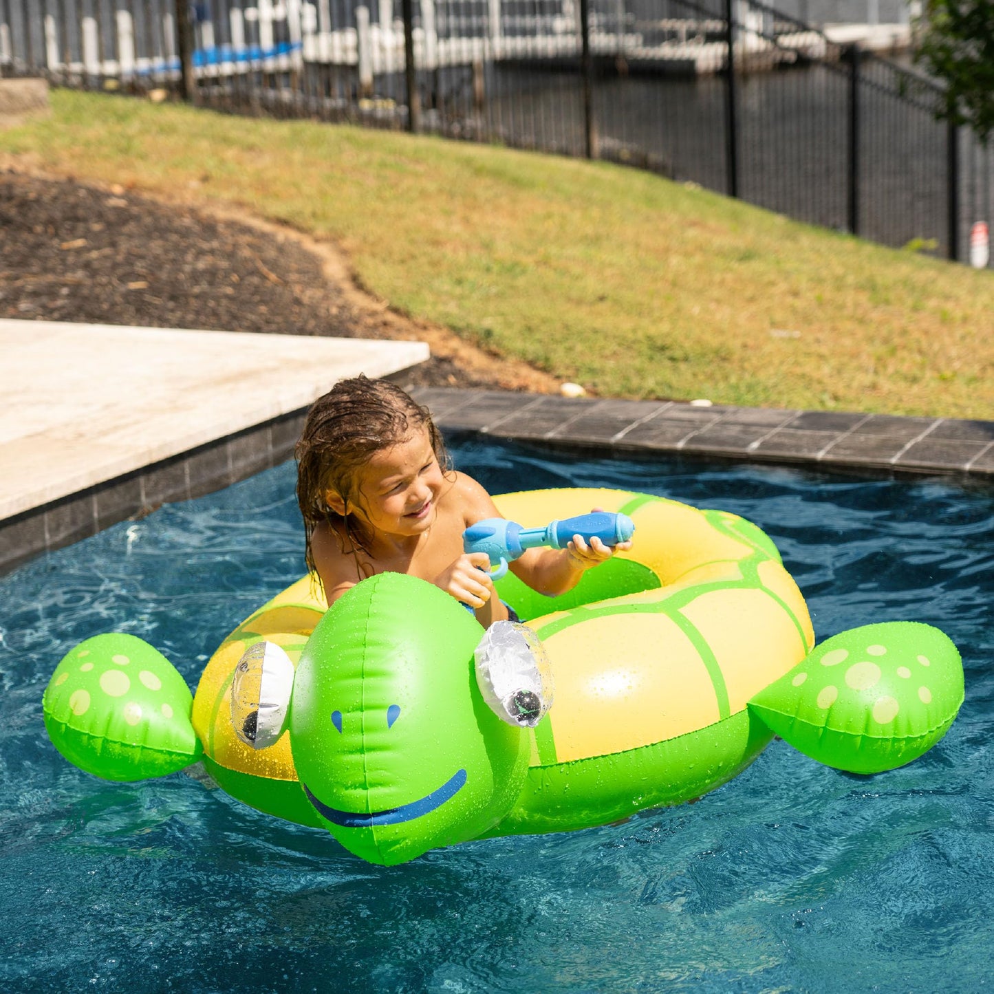 Turtle Water Blaster Ride-On Inflatable, Pool-Fed Spray Cannon, Large Splash Toy for Swimming Play, Summer Outdoor Fun for Kids, Backyard Adventure