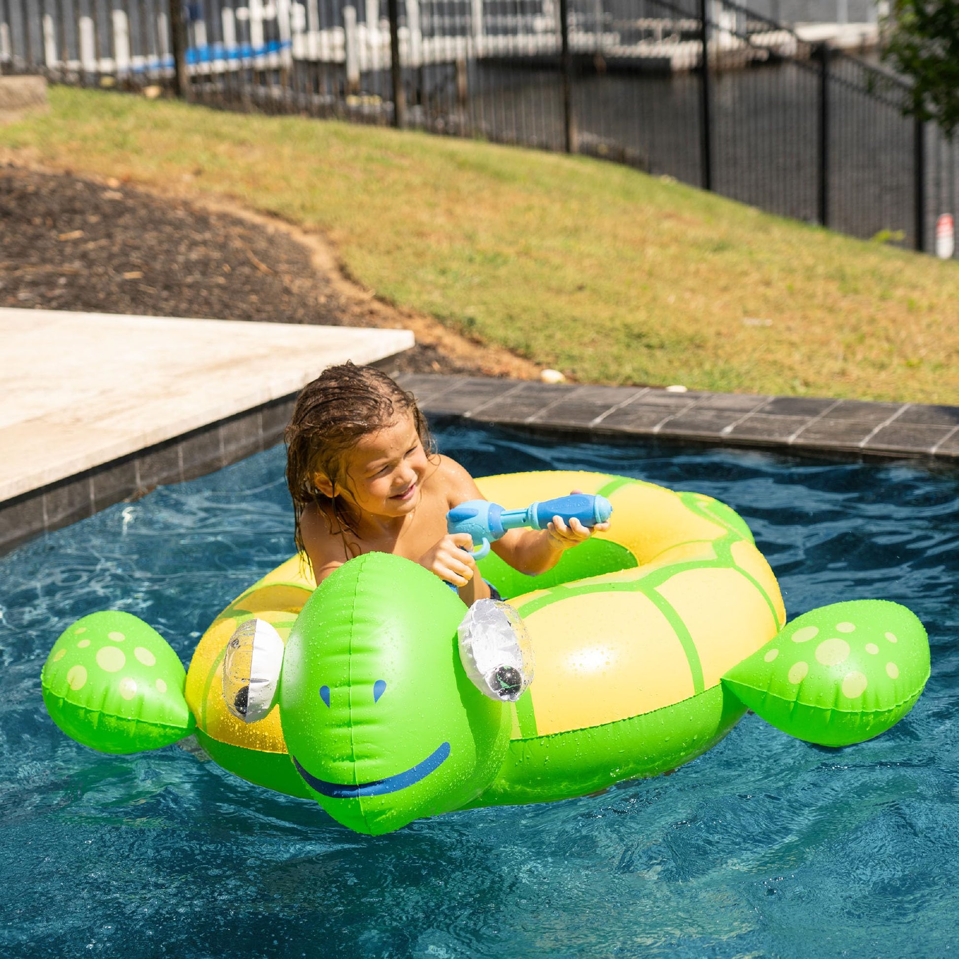 Turtle Water Blaster Ride-On Inflatable, Pool-Fed Spray Cannon, Large Splash Toy for Swimming Play, Summer Outdoor Fun for Kids, Backyard Adventure