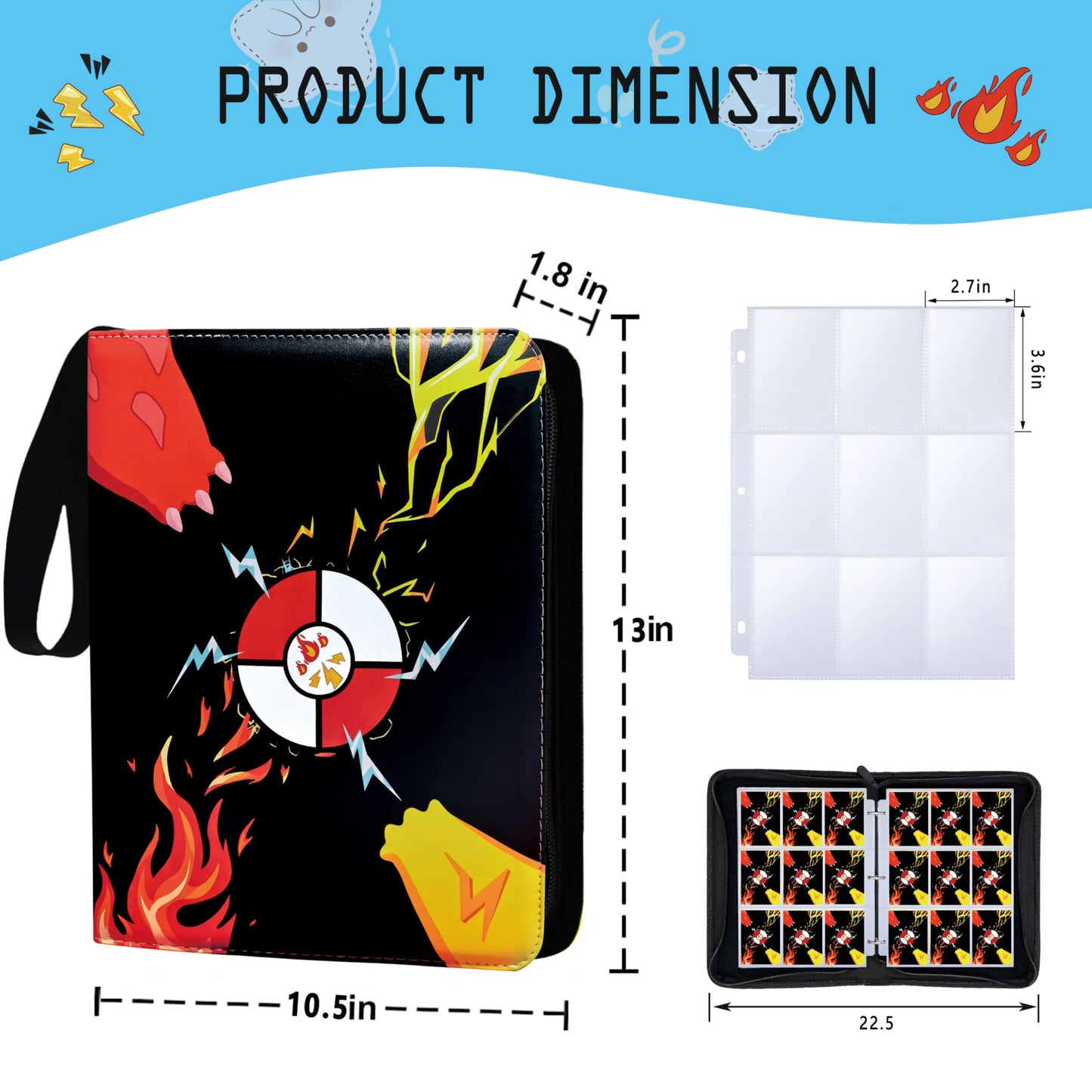 9 Pocket Card Binder,Trading Card Binder 900 Pockets,Card Collection Albums Holder,50 Removable Sleeves,Double Sided Pocket,with Zip and Portable