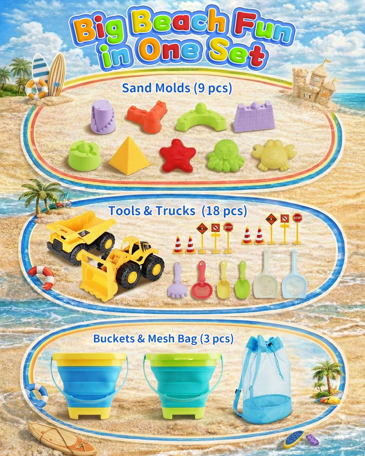 KONYXALU 30PCS Beach Toys for Kids 3-10 | 2 Collapsible Buckets & Mesh Bag