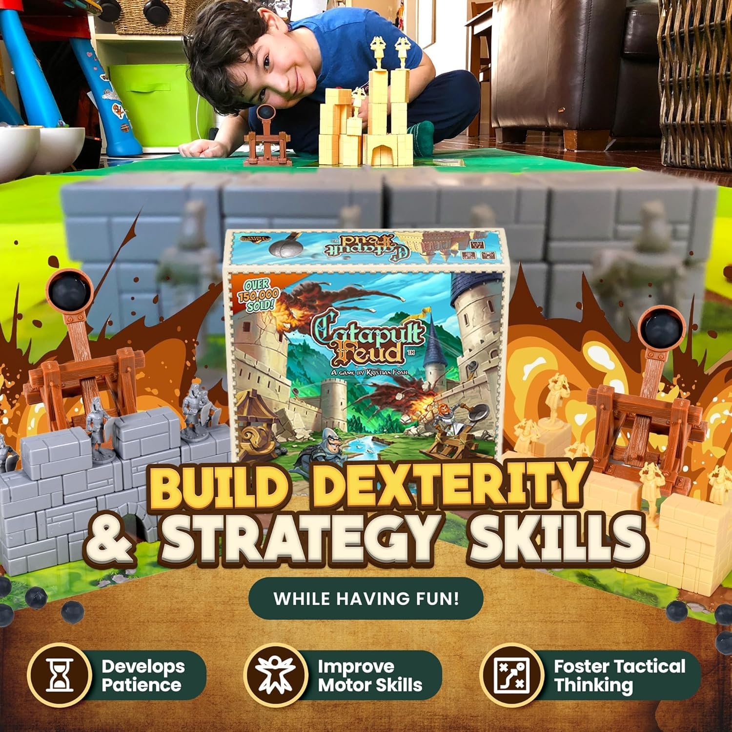 Vesuvius Media Catapult Feud Board Game - Fun Family Strategy Game for Kids & Adults 7+ - Build Castle Defenses & Launch Epic Battles - Durable