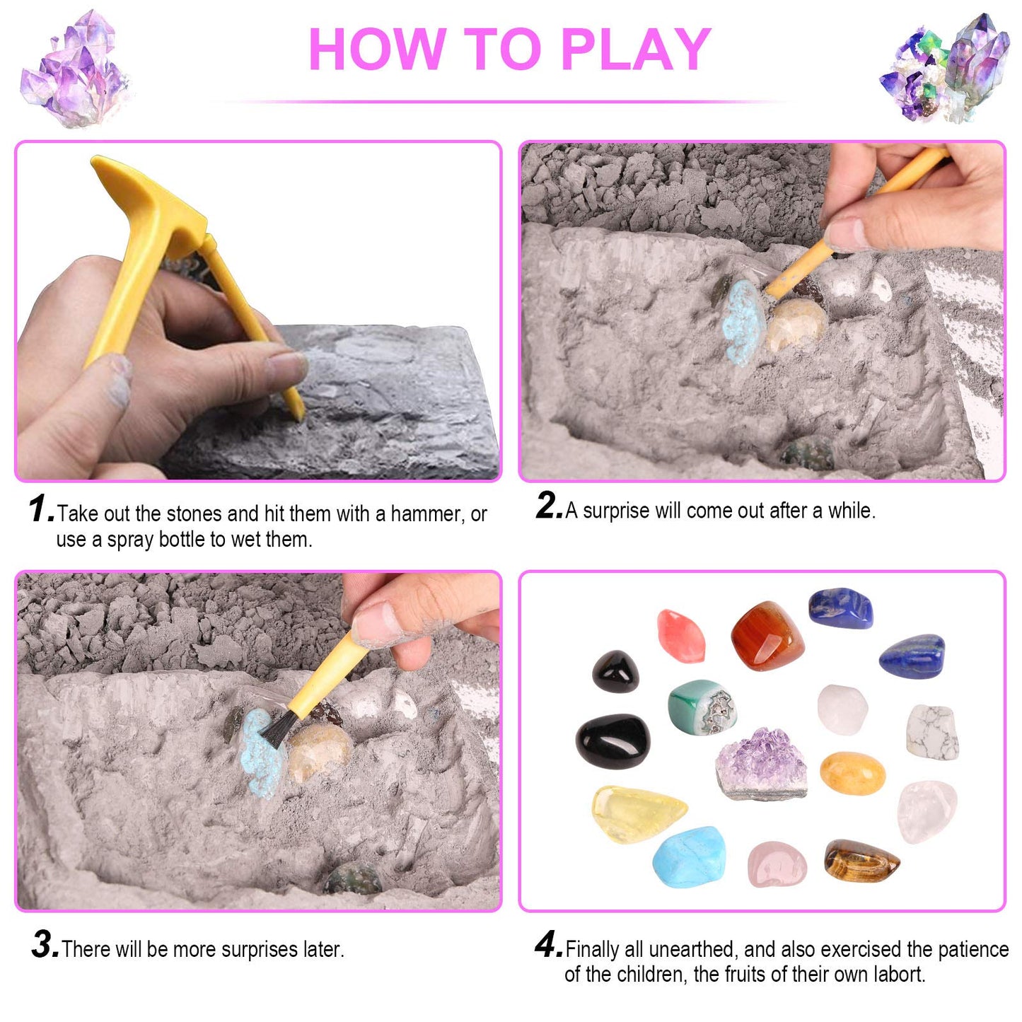 Gemstone Dig Kit, 16 Real Gem Stones and Crystals Excavation Kit, STEM Educational Toys Science Kit for Kids 5-7 8-12, Gem Digging Kit Rock Collection